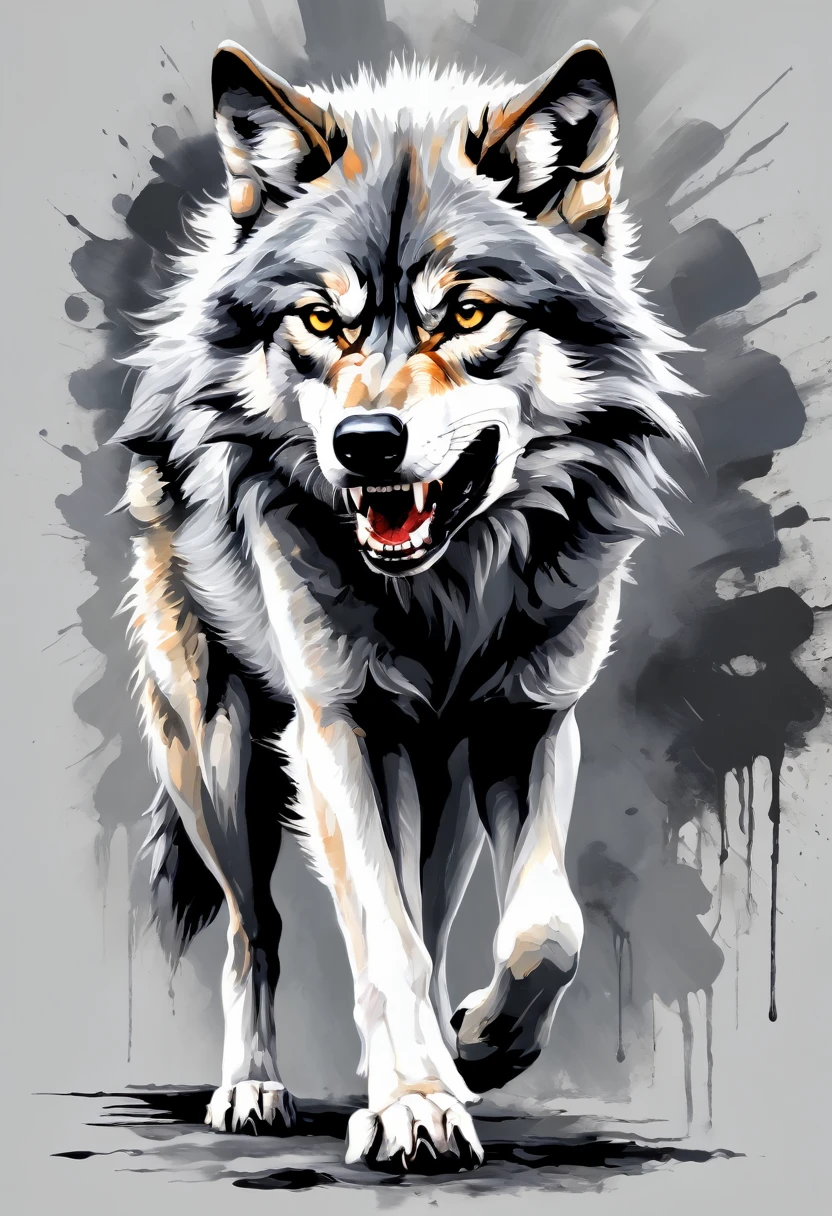 Wolf with aggressive face, with the left paw tearing in the foreground, as if trying to get out of a role, White background, black and gray painting