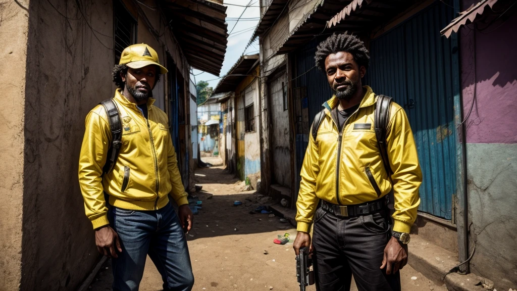 a black guy with a gold pistol standing looking at a favela