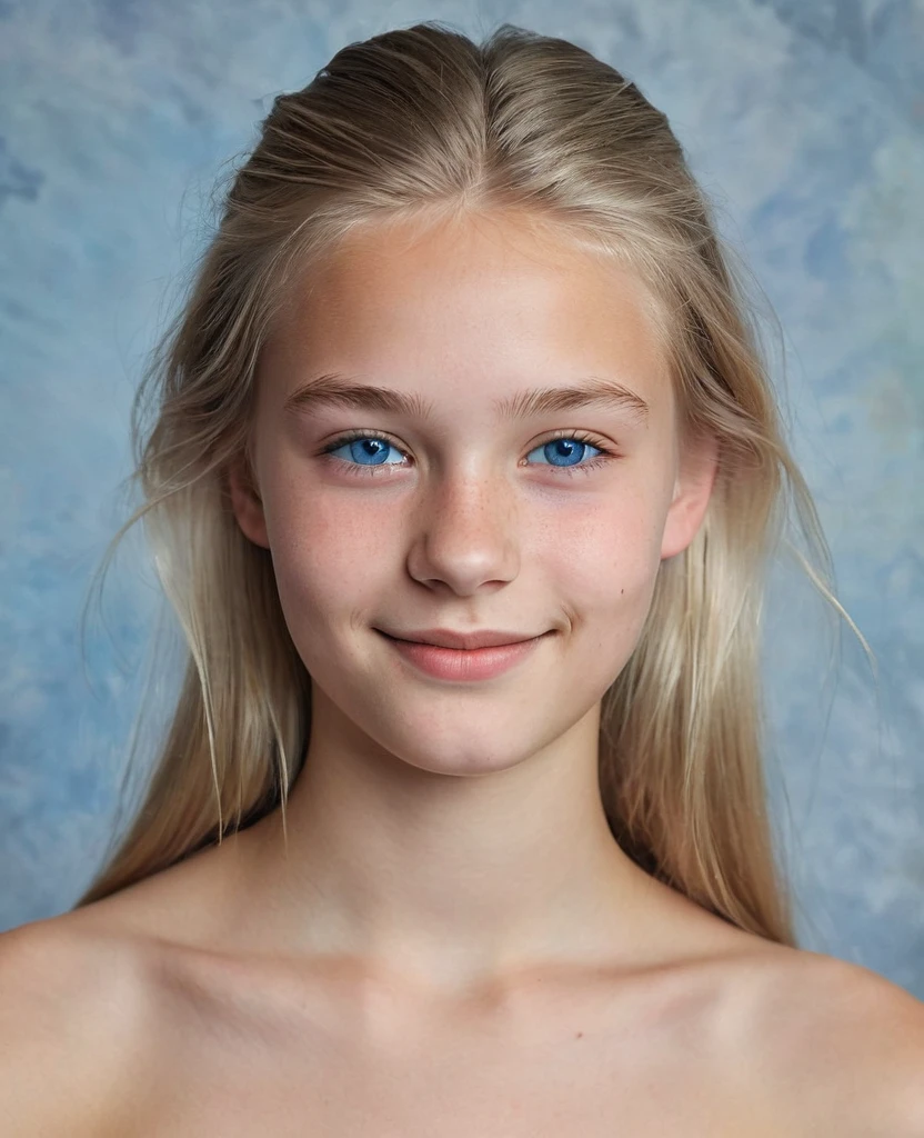 Portrait of a Norwegian beautiful teenager, , small breasts, soft smile, natural lips, long blonde hair with shaved sides , blue-grey eyes, realism, digital painting, concept art, smooth, sharp focus, rule of thirds, 35 mm, naked full body