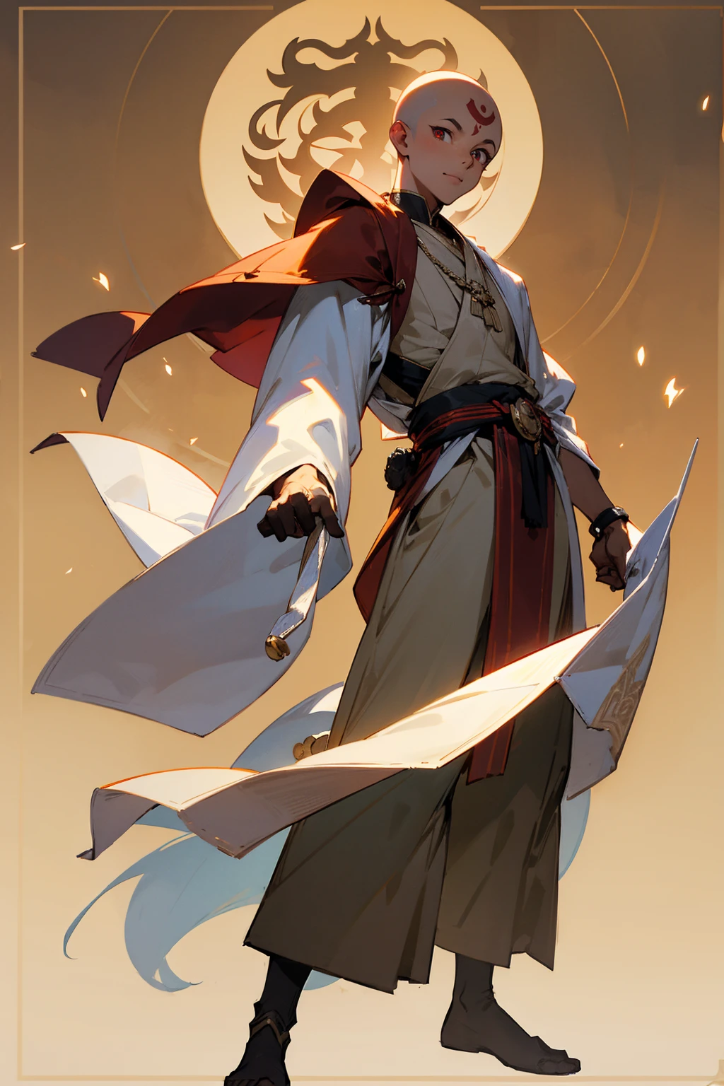 Masterpiece Quality, Perfect Generation, Sclera, Detailed Eyes, Skin, Hair, Muscular, Clothing, Excited Expression, , temple Background, Full Body, Skin, , , , facing viewer, Standing Outside, Clothed, , Eyes, hair, , hair, hair, , Background, , , hair, U , Male, Black Skin, Dark Skin, , monk, bald