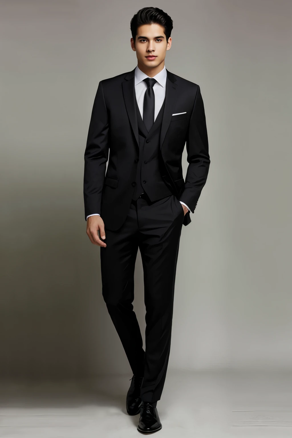 edit my image to wearing black suit with tie
