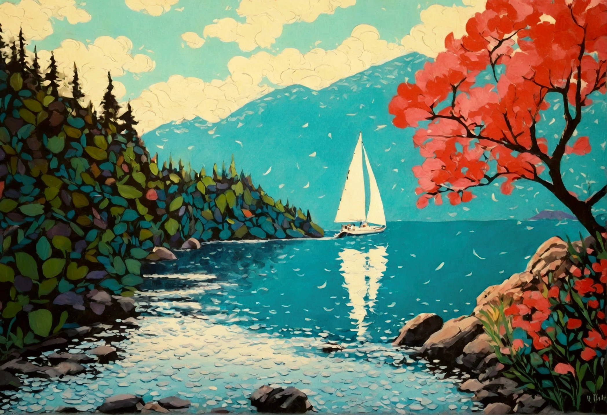 view of a sailings Boat on the waterside of a small lake mountain lake, award-winning, professional, highly detailed in, undefined,. Include vibrant pastel colors, sleek lines, and a retro summer atmosphere. The style should be reminiscent of vintage travel posters with a modern twist, mphasize the fluidity and movement of the dream world through dynamic brushstrokes and abstract forms