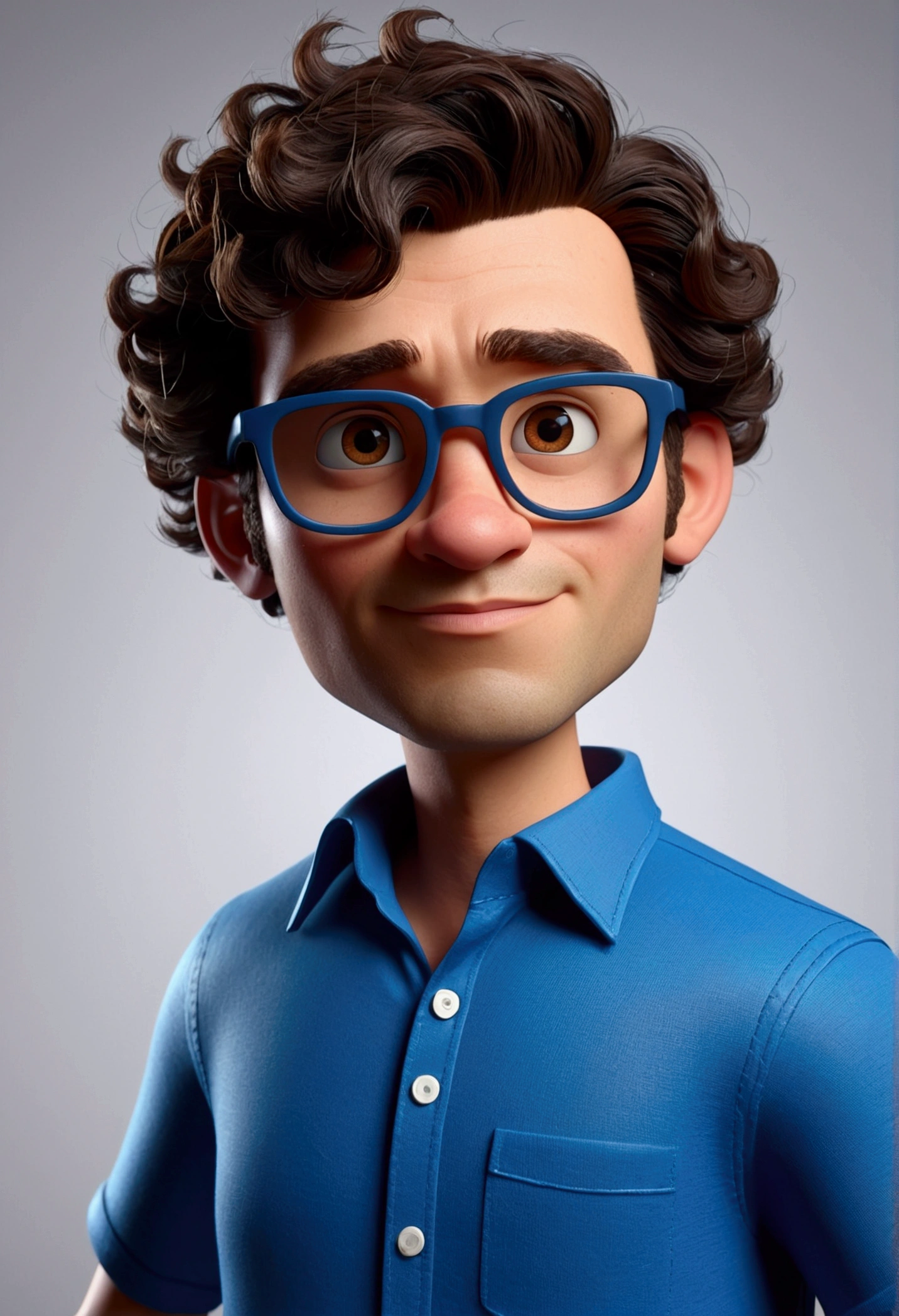 Cartoon character of a man with black glasses, Dark brown curly hair and a blue shirt., animation character, stylized character, animation style rendering, 3D stylized, Arnold Maya rendering, Render 3D stylized, Toon render keyshot, 3D character, 3D character, Stylized 3D rendering, 3d character rendering, cartoon character, Close-up character, Character pose,  (pixar style) (master part:1.2) (bokeh) (Best Quality) (detailed skin) (detailed texture) (8k) (clay) (cinematic lighting) (sharp focus