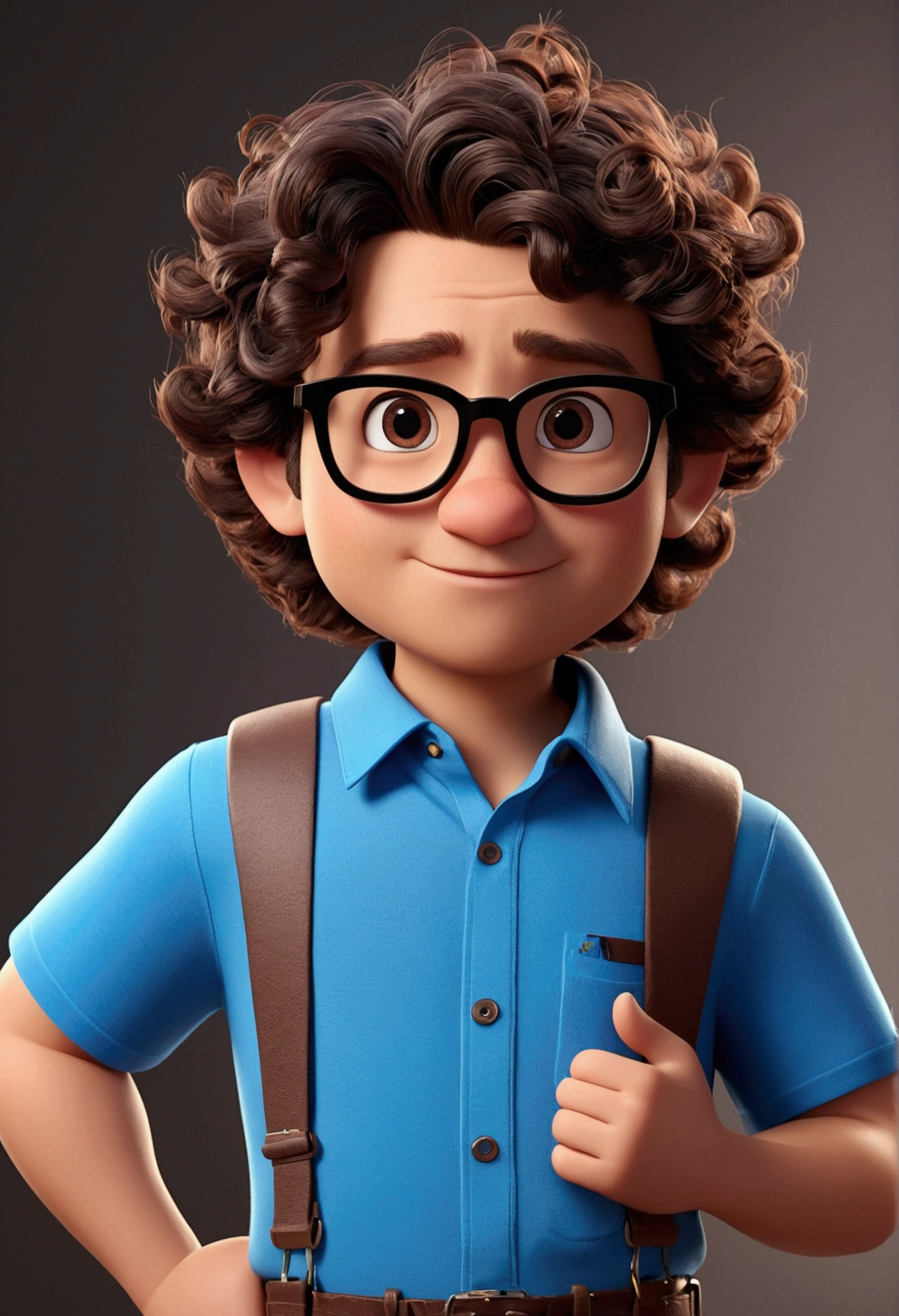 Cartoon character of a man with black glasses, Dark brown curly hair and a blue shirt., animation character, stylized character, animation style rendering, 3D stylized, Arnold Maya rendering, Render 3D stylized, Toon render keyshot, 3D character, 3D character, Stylized 3D rendering, 3d character rendering, cartoon character, Close-up character, Character pose,  (pixar style) (master part:1.2) (bokeh) (Best Quality) (detailed skin) (detailed texture) (8k) (clay) (cinematic lighting) (sharp focus