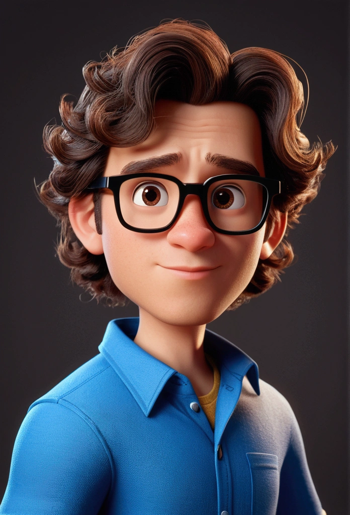 Cartoon character of a man with black glasses, Dark brown curly hair and a blue shirt., animation character, stylized character, animation style rendering, 3D stylized, Arnold Maya rendering, Render 3D stylized, Toon render keyshot, 3D character, 3D character, Stylized 3D rendering, 3d character rendering, cartoon character, Close-up character, Character pose,  (pixar style) (master part:1.2) (bokeh) (Best Quality) (detailed skin) (detailed texture) (8k) (clay) (cinematic lighting) (sharp focus