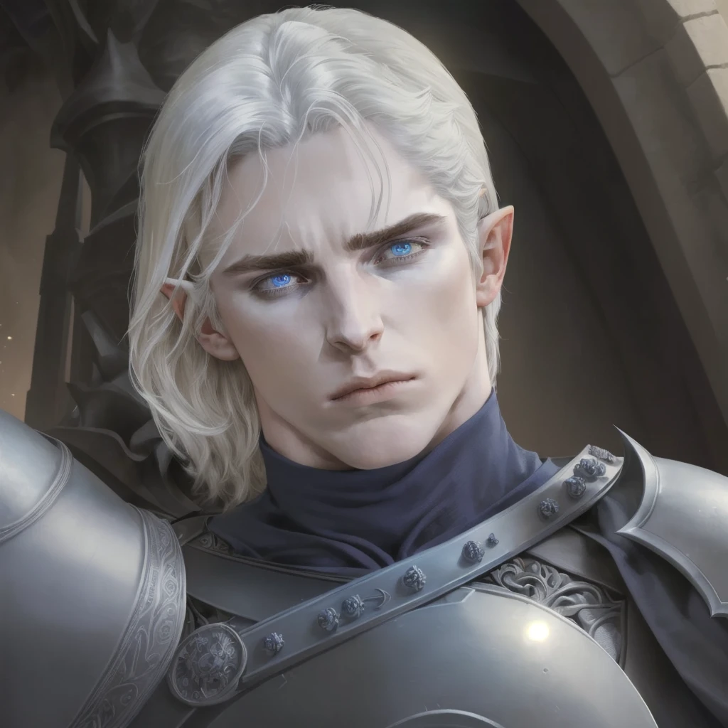 ((Best quality)), ((masterpiece)), (intricate), Man, male elf, Christian Bale, pointy ears, white hair, blue eyes, heavy dark paladin armor, tired, emotionless, fantasy, Luxearte, Jun Kim