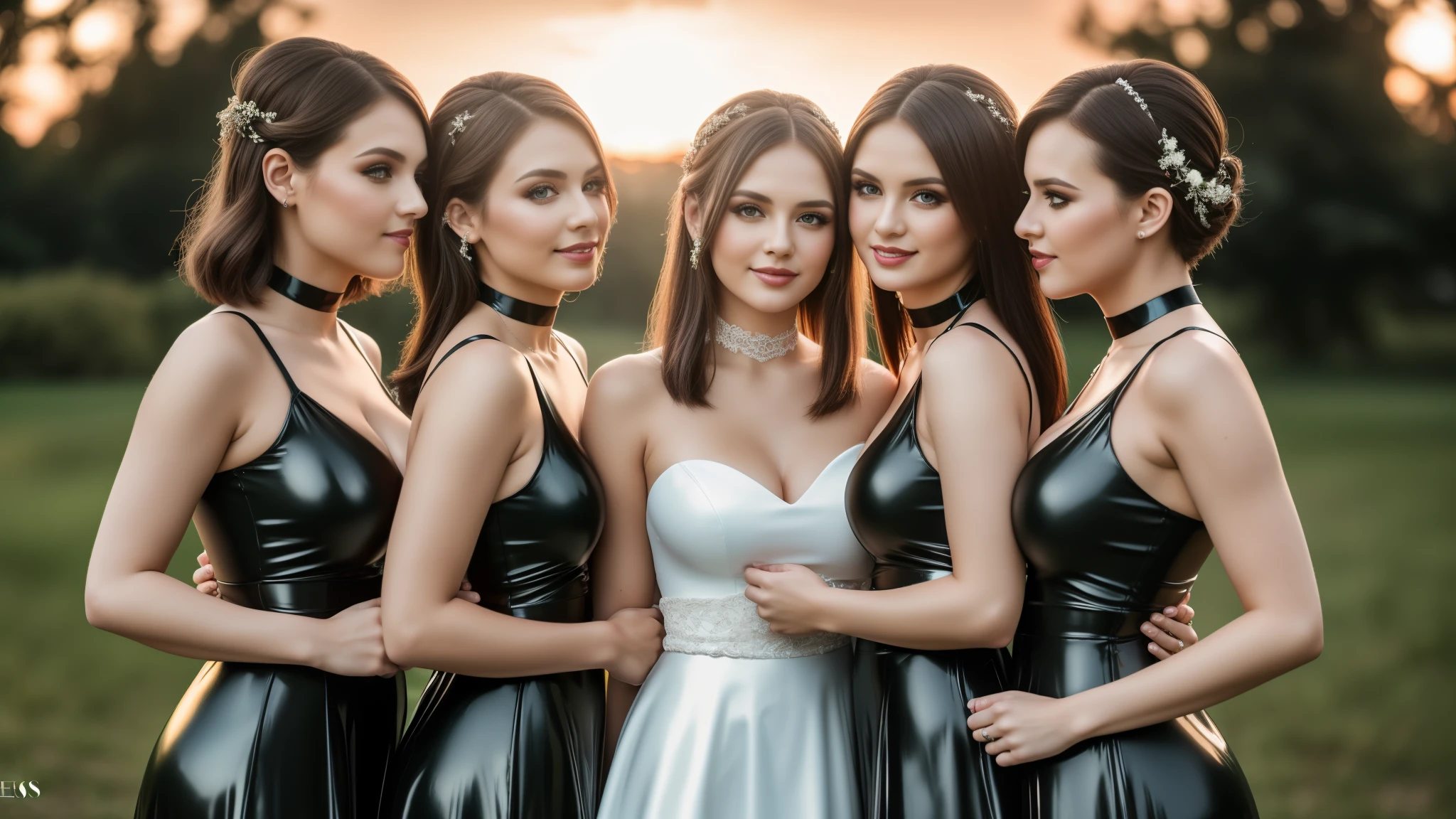 three girls, masterpiece,best qualtiy,hdr, hyper HD, 8K,Bokeh,Ultra-fine painting,Sharp focus,Physically-based rendering,Extreme detail description,portraitures,full-body photo,looking at viewer, (long bob_cut hair), Sexy smile, choker, (bridesmaids in (short:1.2) latex dress:1.2), (kissing:1.2), (in sunset light:1.2), perfect eyes, perfect hands, perfect body, perfect hair, (Big breasts:1.3), (EOS R8, 50 millimeters, F1.2, 8K, RAW photo:1.2), photograph by arny freytag