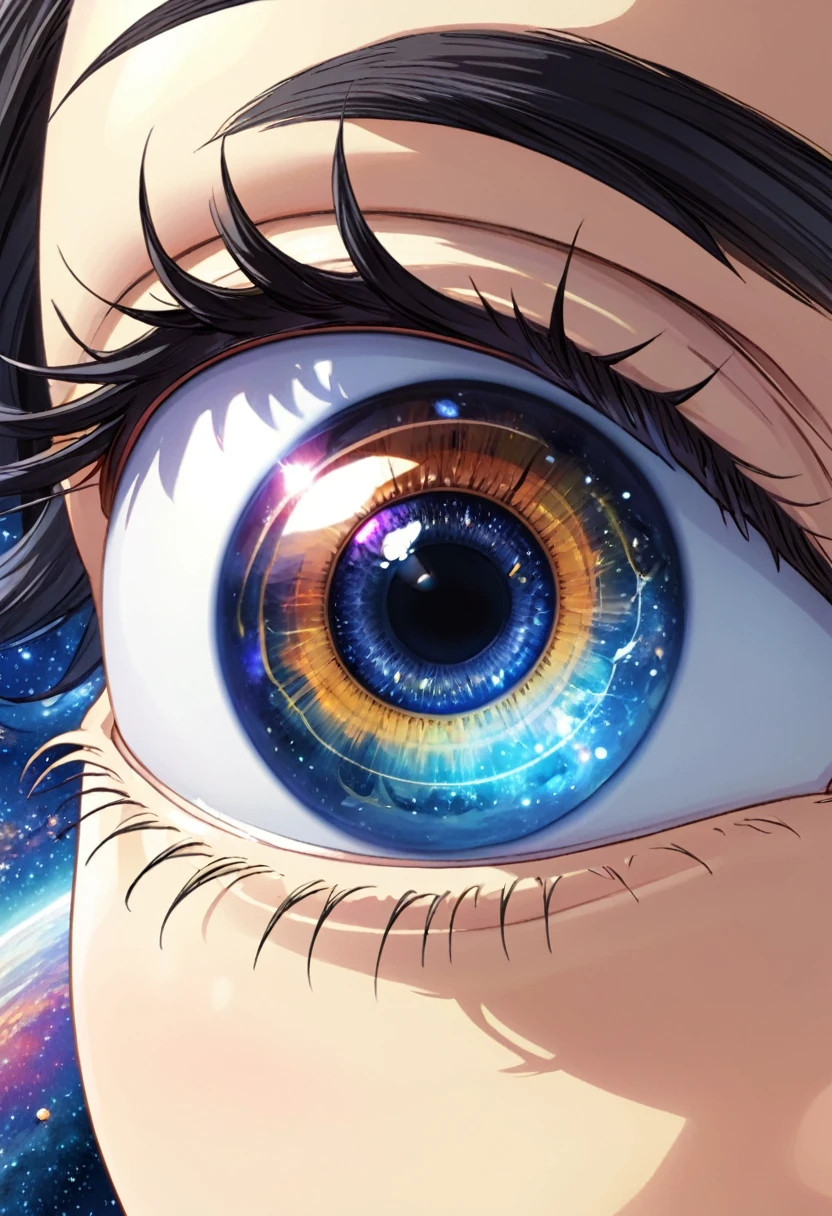 Anime sci-fi close-up of an eye with the universe in it, detailed, Toriyama, Miyazaki
