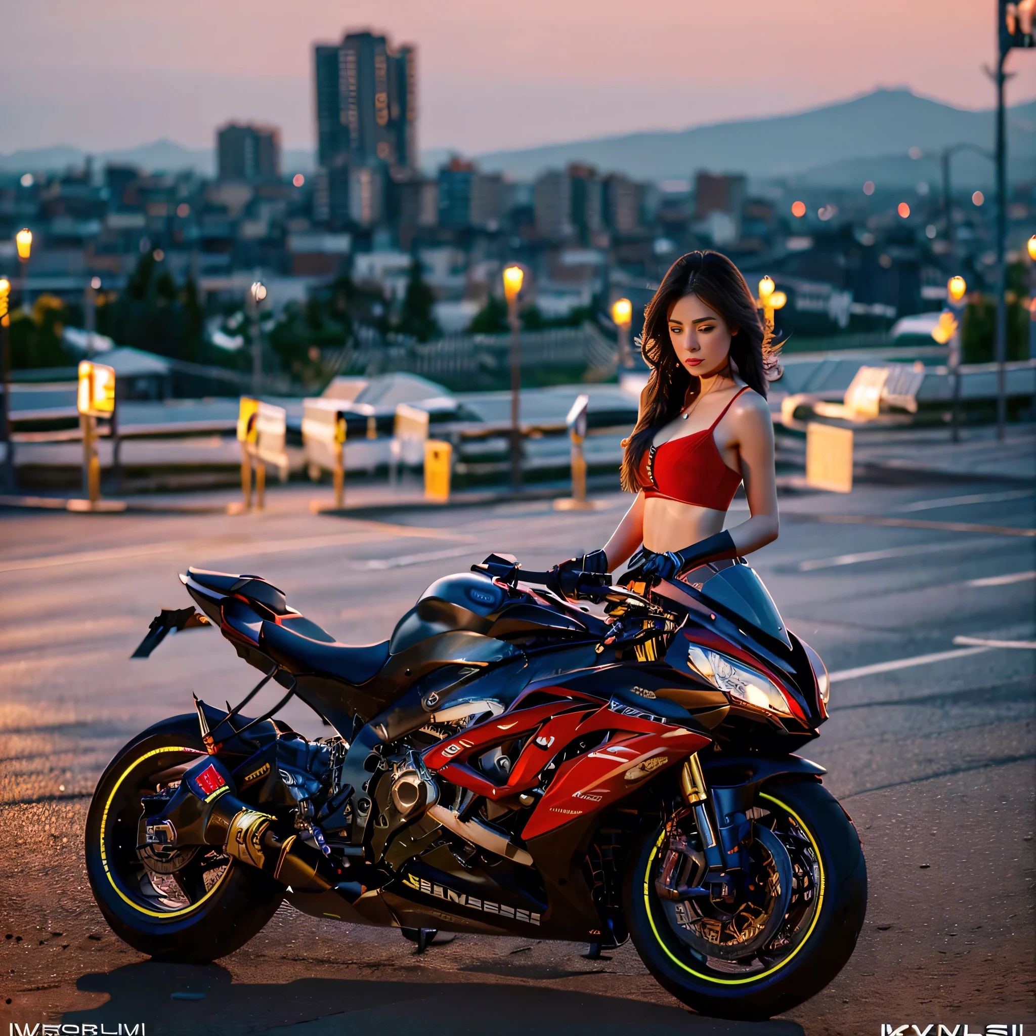  brunette .   sports motorcycle , The woman wears it beautiful, toned,  body. the image is realistic, very detailed. very high resolution, 8K rendering, evening illumination with setting sun and red horizon. The city lights are burning. The lighting is perfect, the scene is sharp, extreme realism, cinematic image.