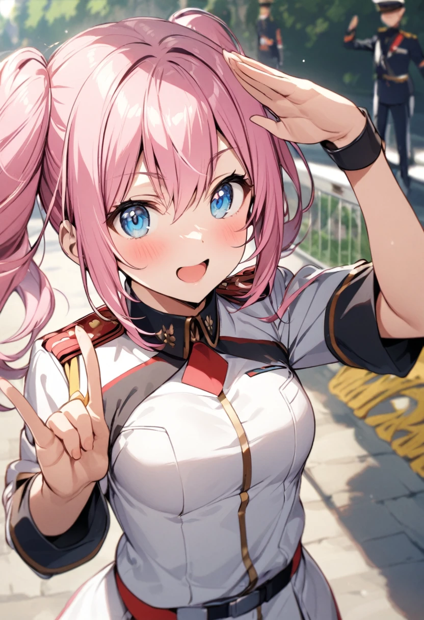 Military parades、salute、Girl with pink hair、blue eyes、Twin Drill