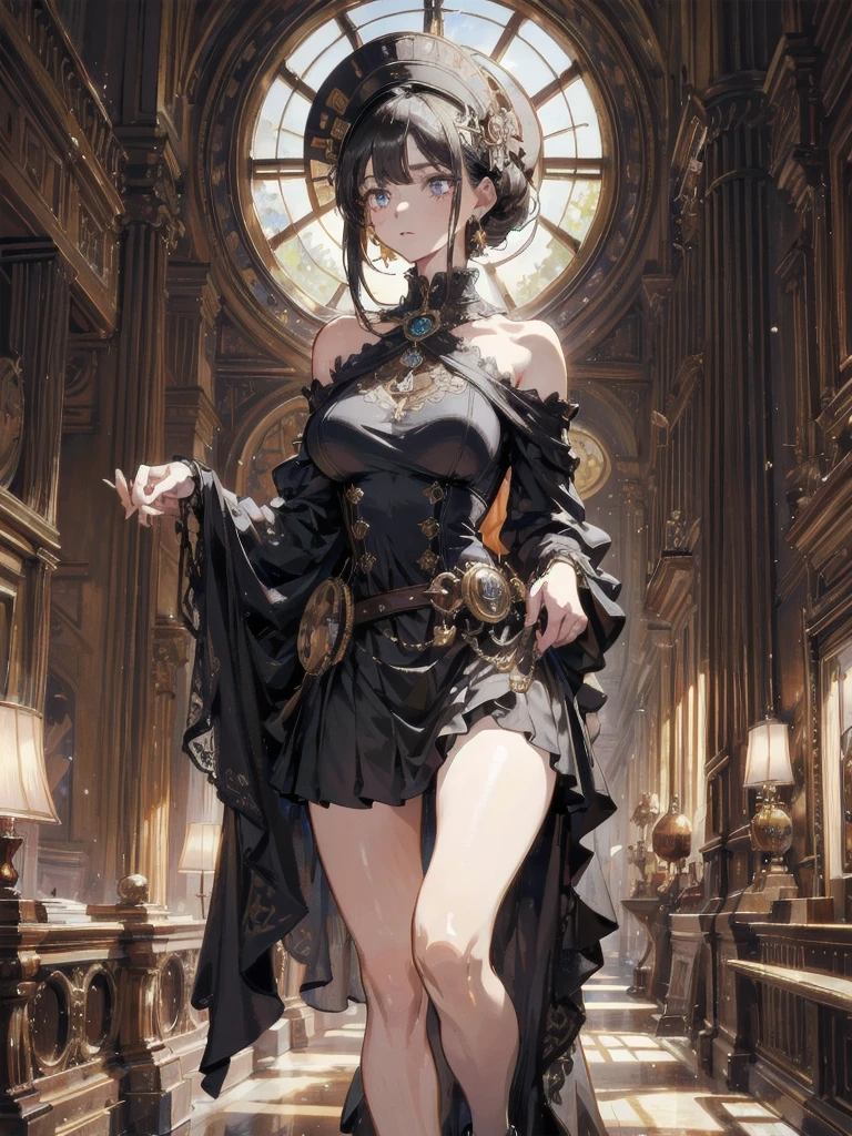 absurdres, RAW photo, extremely delicate and beautiful, masterpiece, Best Quality, ultra high resolution, 32k, hyperrealistic, ultra-detailed, detailed background, landscape, perfect anatomy, anatomically correct, perfect figure, Perfect Style, Perfect balance, super Detailed skin, in her 30s, very Slim body, narrow waist, very small head, very small face, delicate facial features, handsome detailed woman, very detailed eyes and face, realistic face proportions, Realistic beautiful face, Realistic beautiful eyes, tearful mole, earring, very huge round tits, full body shot, medium hair, asymmetrical hair, indoor, steampunk fashion, blouse, short skirt, off shoulder,