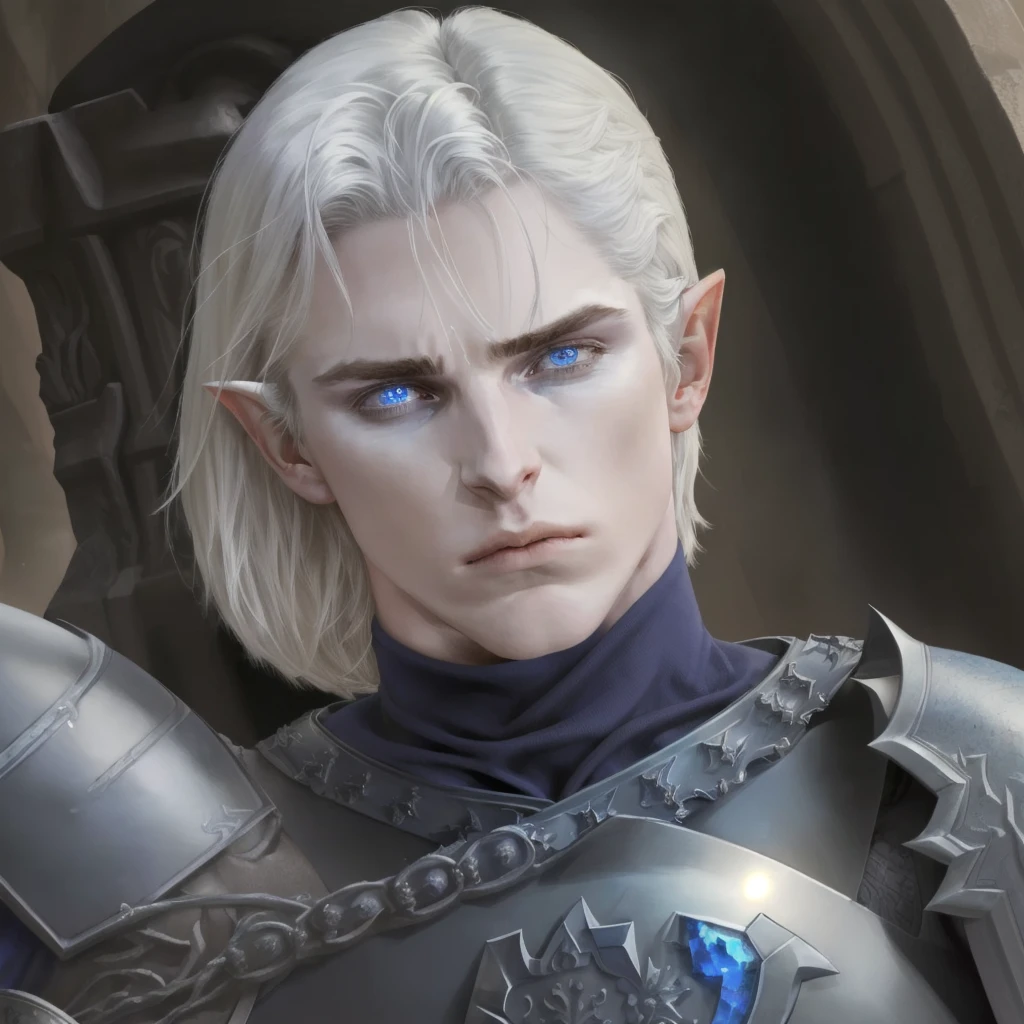 ((Best quality)), ((masterpiece)), (intricate), Man, male elf, Christian Bale, pointy ears, white hair, blue eyes, heavy dark paladin armor, tired, emotionless, fantasy, Luxearte, Jun Kim