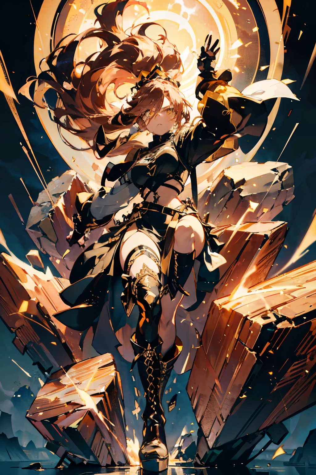 1girl, confident, rosegold hair (long ponytail), yellow eyes, wearing white long sleeve crop top, black lace up maxi dress (leg slit), large brown gauntlets, white and gold boots, floating rocks effect, absurdres, high res, ultra sharp, 8k, masterpiece, looking at viewer, undefined, perfect face