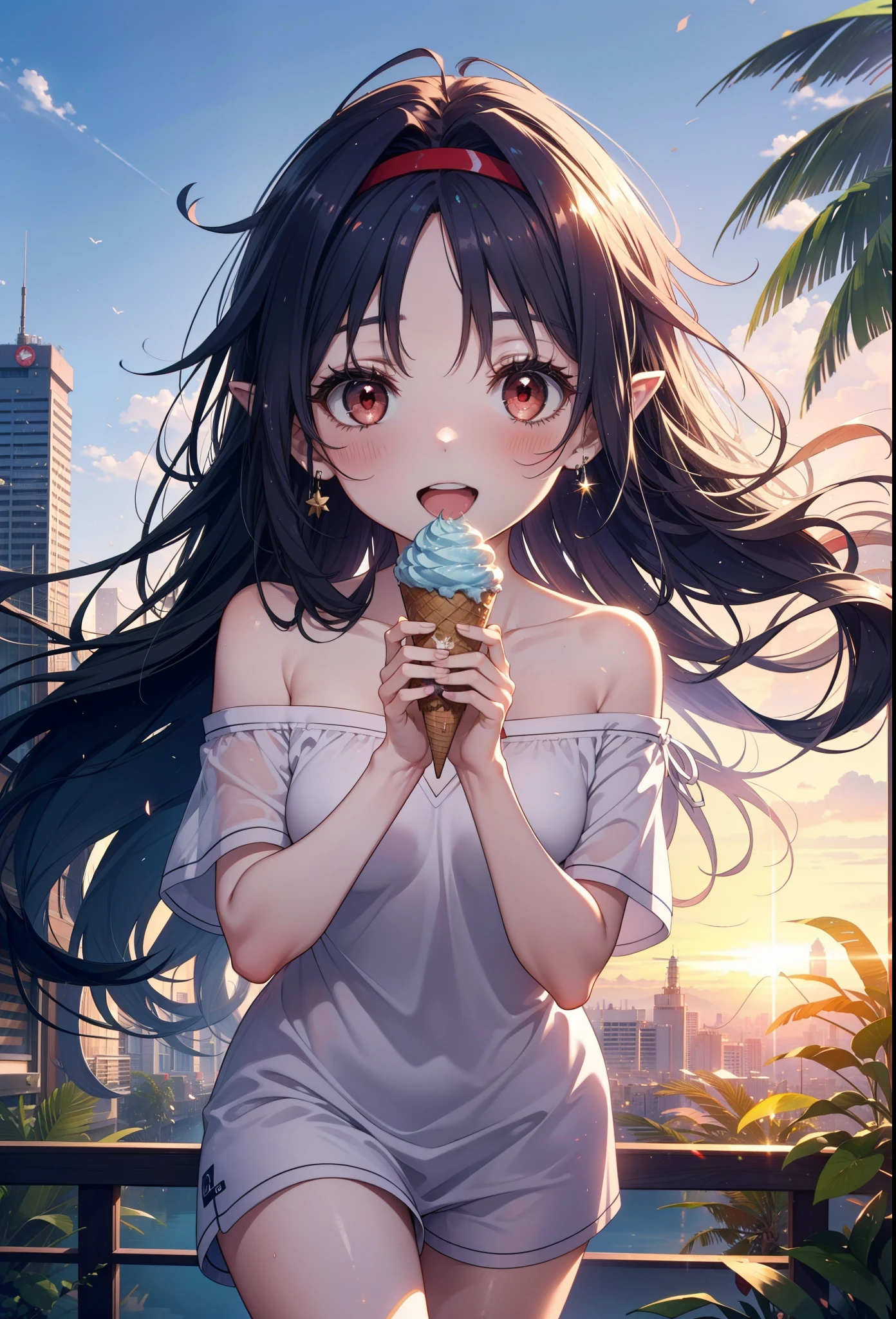 yuukikonno, Yuuki Konno, , Long Hair, Pointed Ears, Purple Hair, (Red eyes:1.5), (Small breasts:1.2), Baseball hats,Oversized one-shoulder shirt,Short sleeve,Shorts,Heeled Sandals,Walking,Daytime,Clear skies,Holding and eating ice cream with both hands,happy smile,smile, Open your mouth,whole bodyがイラストに入るように,Palm tree,
break looking at viewer, whole body,
break outdoors, tropical,In town,
break (masterpiece:1.2), Highest quality, High resolution, unity 8k wallpaper, (figure:0.8), (Beautiful attention to detail:1.6), Highly detailed face, Perfect lighting, Highly detailed CG, (Perfect hands, Perfect Anatomy),