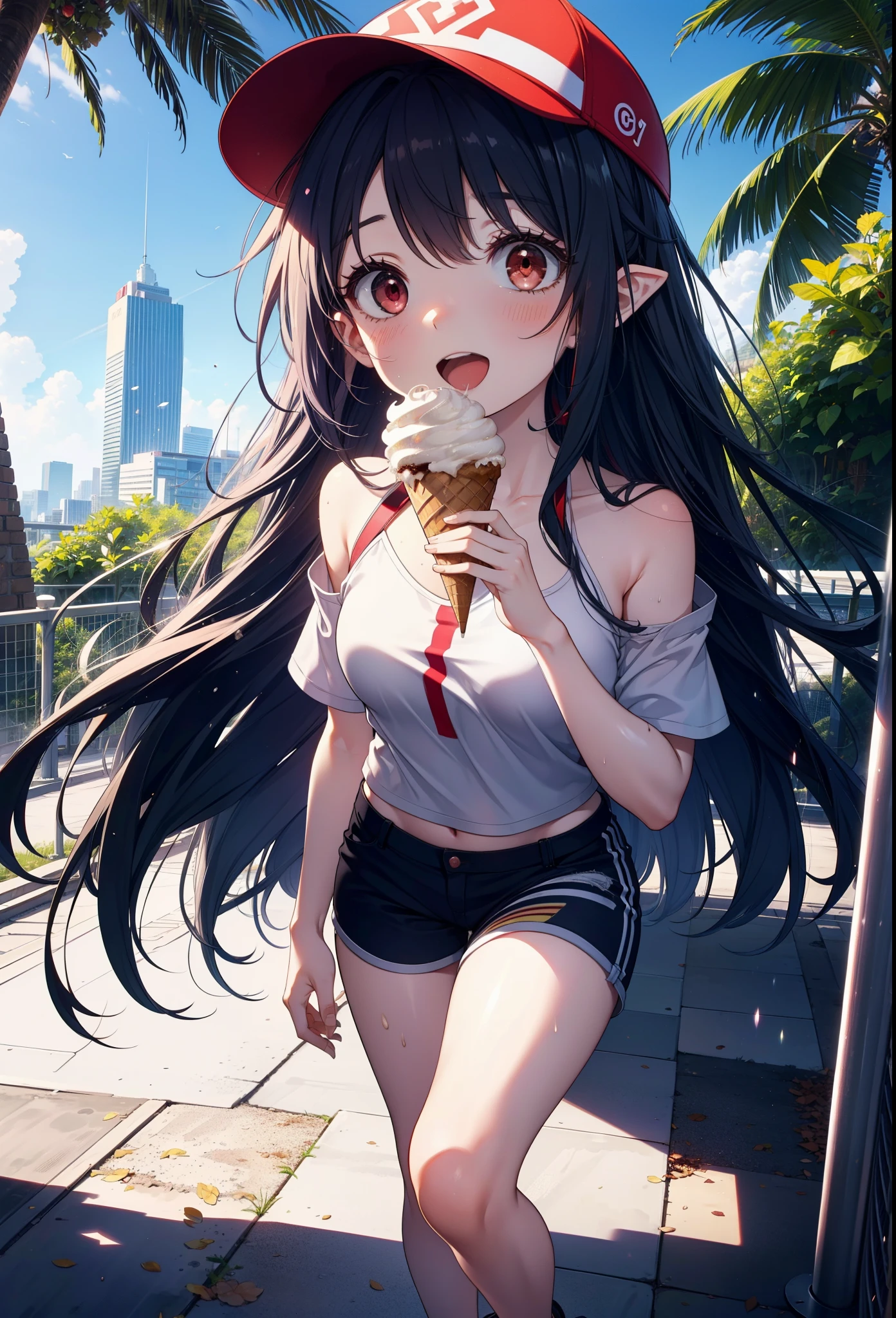 yuukikonno, Yuuki Konno, , Long Hair, Pointed Ears, Purple Hair, (Red eyes:1.5), (Small breasts:1.2), Baseball hats,Oversized one-shoulder shirt,Short sleeve,Shorts,Heeled Sandals,Walking,Daytime,Clear skies,Holding and eating ice cream with both hands,happy smile,smile, Open your mouth,whole bodyがイラストに入るように,Palm tree,
break looking at viewer, whole body,
break outdoors, tropical,In town,
break (masterpiece:1.2), Highest quality, High resolution, unity 8k wallpaper, (figure:0.8), (Beautiful attention to detail:1.6), Highly detailed face, Perfect lighting, Highly detailed CG, (Perfect hands, Perfect Anatomy),