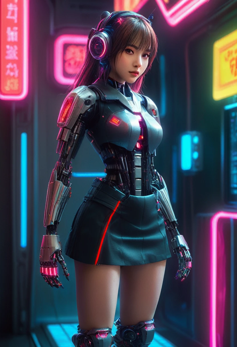 xxmixgirl. Highly detailed professional 35mm film, bokeh, face in sharp focus. A robotic female, Miku, with ((metal skin)), ((perfect Asian eyes)) with magenta irises and ((black pupils)), beautiful serious (detailed face), 18 year old ((photorealistic face)), very long magenta twin tails of magenta hair, twin black hair ties with a single red stripe. She may have a black audio headpiece. We can see her ((full body)) down to her boot soles. Her outfit is a sleeveless collared light grey shirt, outlined in red around the frilled collar and hems. Shiny reflective ((metallic breast cups, dimpleless)), invisible nipples. She wears black sleeves with red hems that start around her upper arm and bellow out as the sleeves open and extend to her wrists, with wide trumpet red rimmed cuffs. She has perfect robotic (detailed hands). She wears a red colored tie with two horizontal solid parallel black lines halfway across. She wears a fabric black skirt with a horizontal red hem at the bottom all the way around; her (((black skirt wraps around her))) and ((her skirt completely covers)) her robotic waist and thighs. Tall black boots with red bottom soles, a red rim around the top at her thighs. Her mechanical shoulder joints are visible. We can see her robotic legs and robotic neck. Half of her is covered with shiny polished machinery. The background is a distant dark neon futuristic Japanese city, gold, cyan, violet neon, near harbor or mountains.