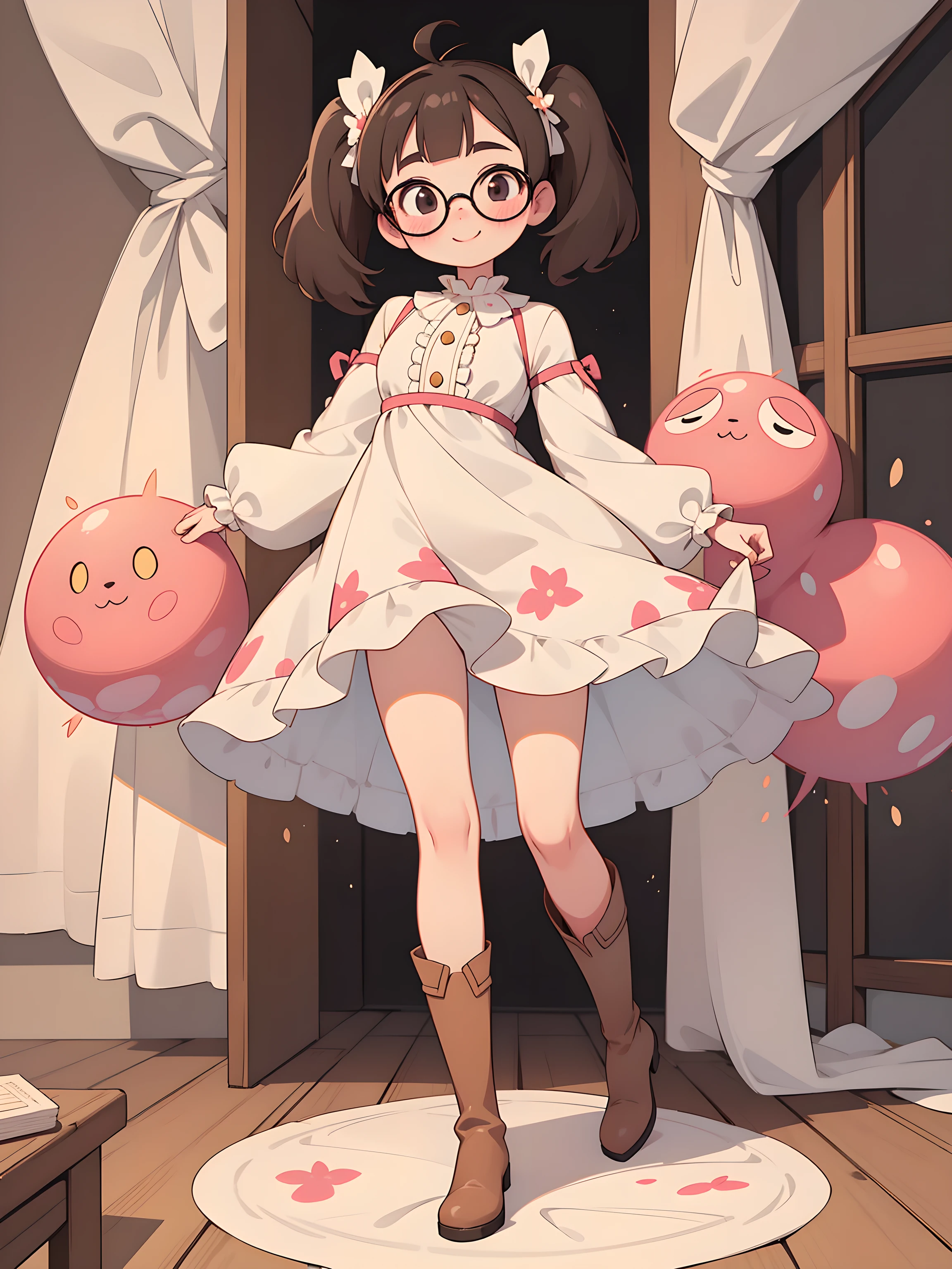 Full Body Shot, woman, small, Curvaceous, cute, Bulk Quantitation,Beautiful Face, Detailed face, (smile), Very short stature,See through, Floral and ruffled sundress,Knee-high boots, Brunette Hair, Thick-rimmed round glasses,Straight hair, Twin tail hairstyle, Kind Face, Observe the audience, (Manga style), (masterpiece), (highest quality), (Ultra-high resolution), (8K resolution), (Super detailed), (Ray Tracing),plump, innie pussy, dress lifted, bottomless, pussy