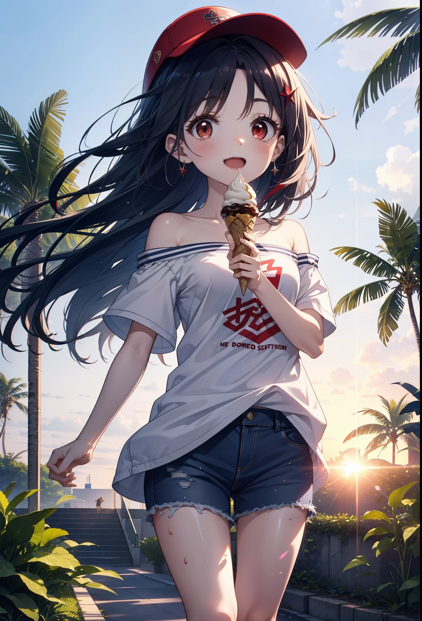yuukikonno, Yuuki Konno, , Long Hair, Pointed Ears, Purple Hair, (Red eyes:1.5), (Small breasts:1.2), Baseball hats,Oversized one-shoulder shirt,Short sleeve,Shorts,Heeled Sandals,Walking,Daytime,Clear skies,Holding and eating ice cream with both hands,happy smile,smile, Open your mouth,whole bodyがイラストに入るように,Palm tree,
break looking at viewer, whole body,
break outdoors, tropical,In town,
break (masterpiece:1.2), Highest quality, High resolution, unity 8k wallpaper, (figure:0.8), (Beautiful attention to detail:1.6), Highly detailed face, Perfect lighting, Highly detailed CG, (Perfect hands, Perfect Anatomy),