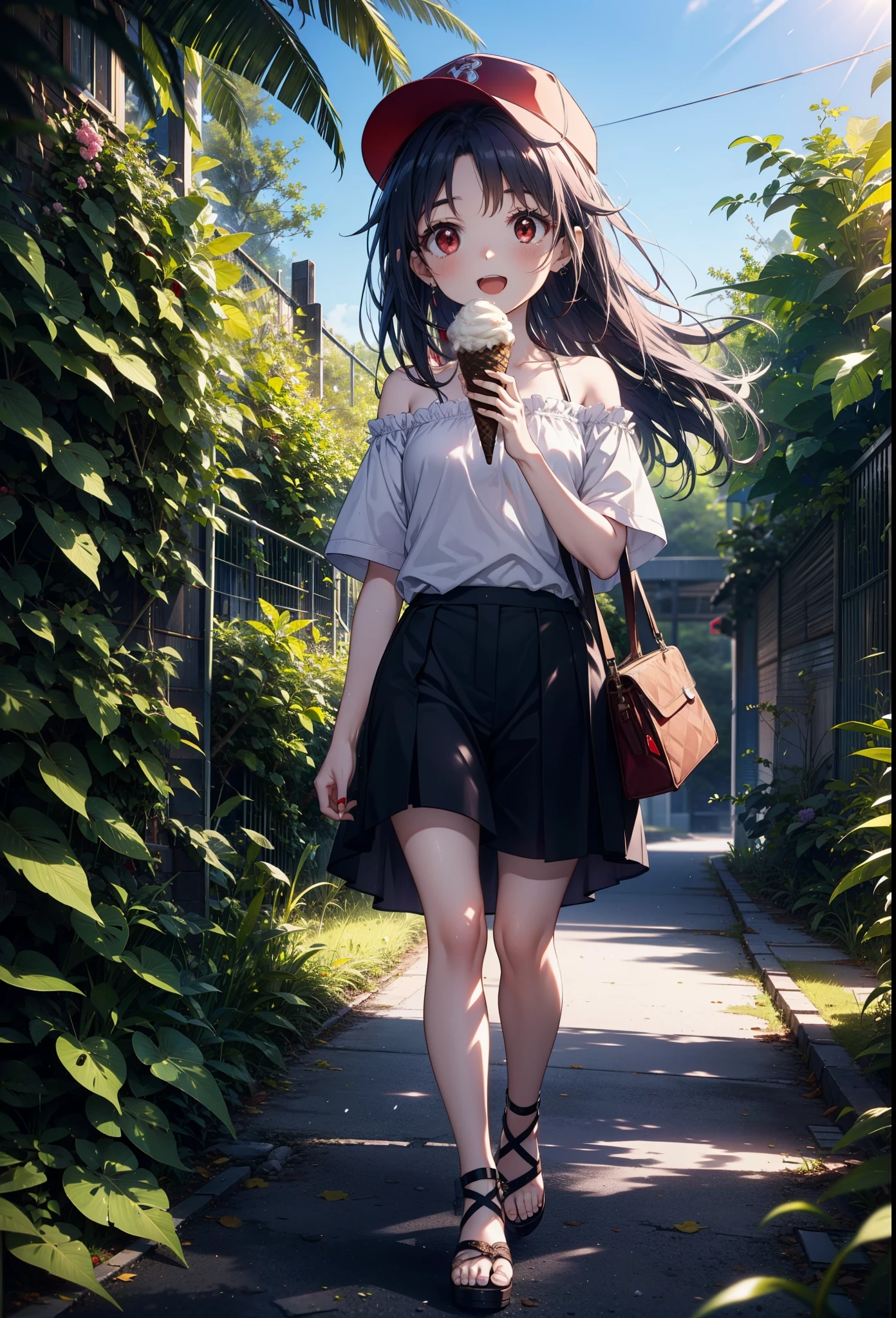 yuukikonno, Yuuki Konno, , Long Hair, Pointed Ears, Purple Hair, (Red eyes:1.5), (Small breasts:1.2), Baseball hats,Oversized one-shoulder shirt,Short sleeve,Shorts,Heeled Sandals,Walking,Daytime,Clear skies,Holding and eating ice cream with both hands,happy smile,smile, Open your mouth,whole bodyがイラストに入るように,Palm tree,
break looking at viewer, whole body,
break outdoors, tropical,In town,
break (masterpiece:1.2), Highest quality, High resolution, unity 8k wallpaper, (figure:0.8), (Beautiful attention to detail:1.6), Highly detailed face, Perfect lighting, Highly detailed CG, (Perfect hands, Perfect Anatomy),