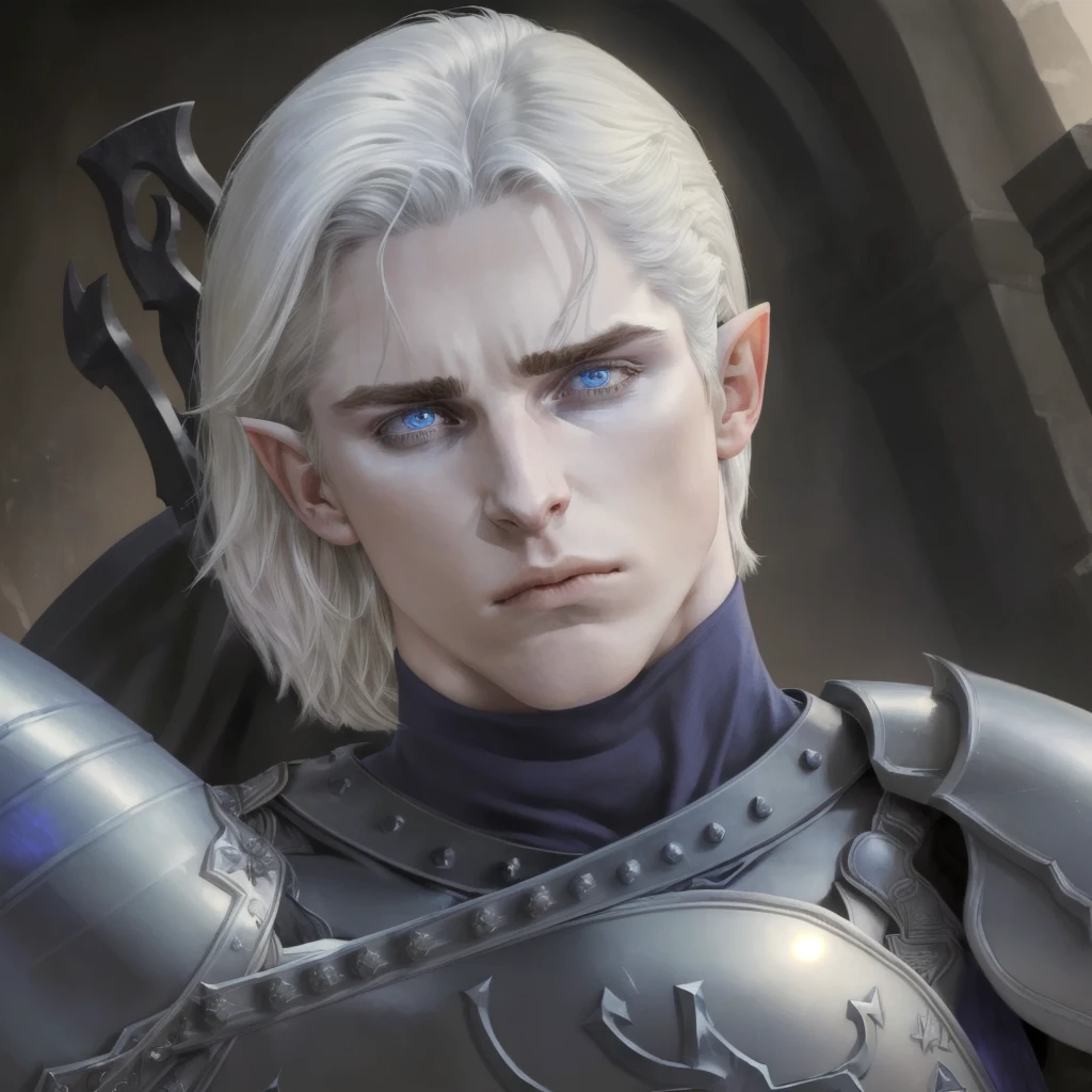 ((Best quality)), ((masterpiece)), (intricate), Man, male elf, Christian Bale, pointy ears, white hair, blue eyes, heavy dark paladin armor, tired, emotionless, fantasy, Luxearte, Jun Kim