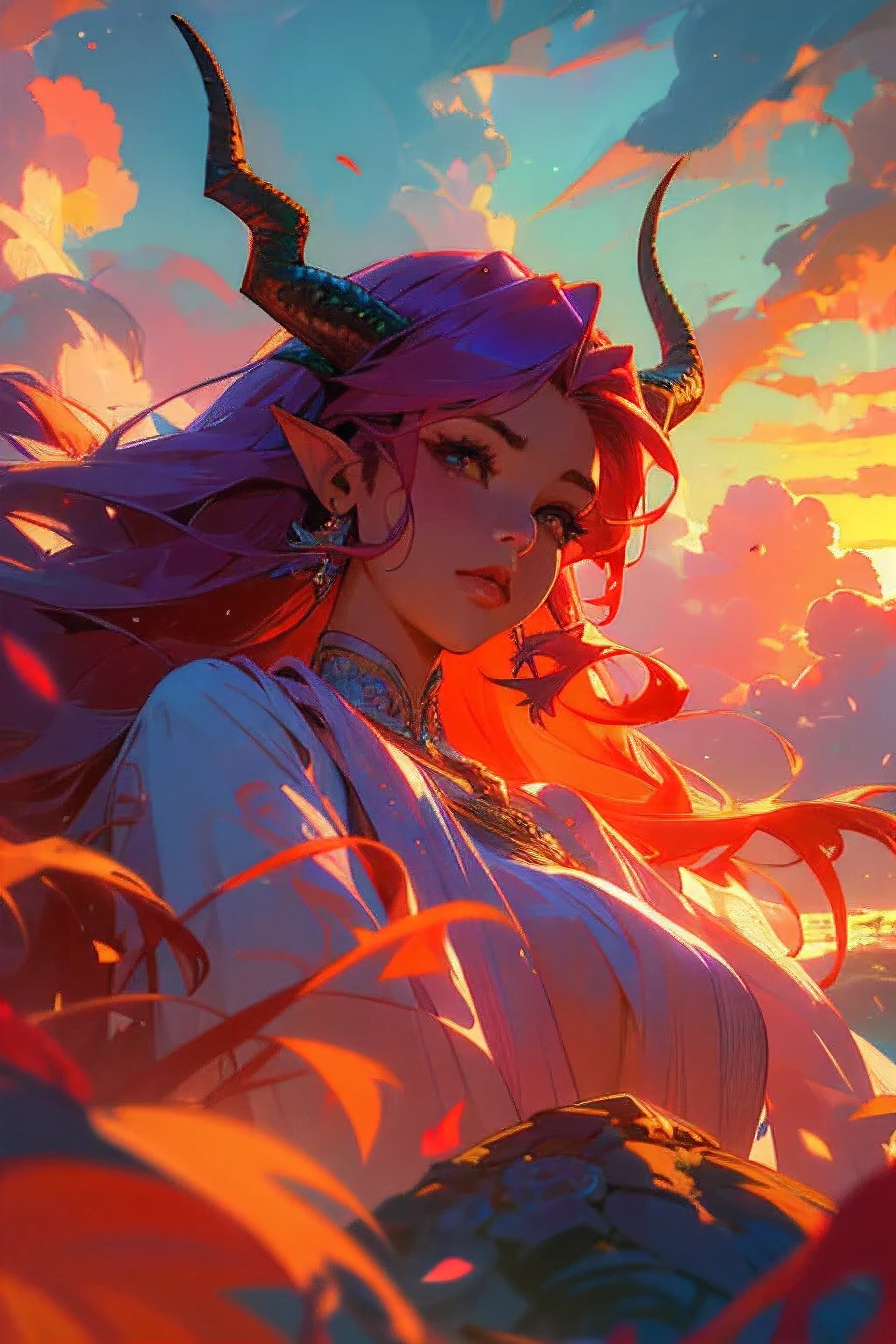 (Masterpiece), (Best quality), (Ultra detailed), beautiful detailed eyes, beautiful detailed lips, extremely detailed face, flowing hair, fantasy, intricate details, bailu, beautiful woman, front look, looking at the veiwer, one dragon tail, Two horns, Upper body, Flowers, Flowing colors, Cloudy sky,