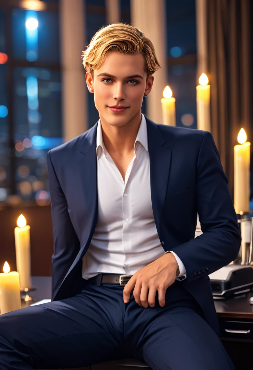 fotografia de uma mulhe portuguesa mais velha de 56 anos blonde hairs, face perfect, portuguesa work of art, in formal attire fechados, blonde hair, as a shirt social, pants, blazer, sitting in the office in front of the camera covered in business attire, Unique and wonderful hidden body, perfects eyes, (candle light ,Bright dark), Support 160 colors, Shot on ARRI ALEXA 65, bokeh, sharp focus on the subject, filmado por Don McCulli fotografia face perfect, work of art, in formal attire, as a shirt, pants, blazer, sitting in the office in front of the Ampulhet camera