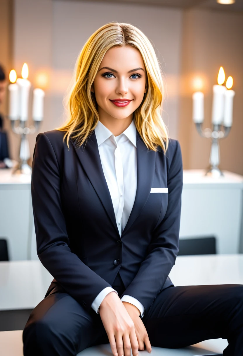 fotografia de uma mulhe portuguesa mais velha de 56 anos blonde hairs, face perfect, portuguesa work of art, in formal attire fechados, blonde hair, as a shirt social, pants, blazer, sitting in the office in front of the camera covered in business attire, Unique and wonderful hidden body, perfects eyes, (candle light ,Bright dark), Support 160 colors, Shot on ARRI ALEXA 65, bokeh, sharp focus on the subject, filmado por Don McCulli fotografia face perfect, work of art, in formal attire, as a shirt, pants, blazer, sitting in the office in front of the Ampulhet camera