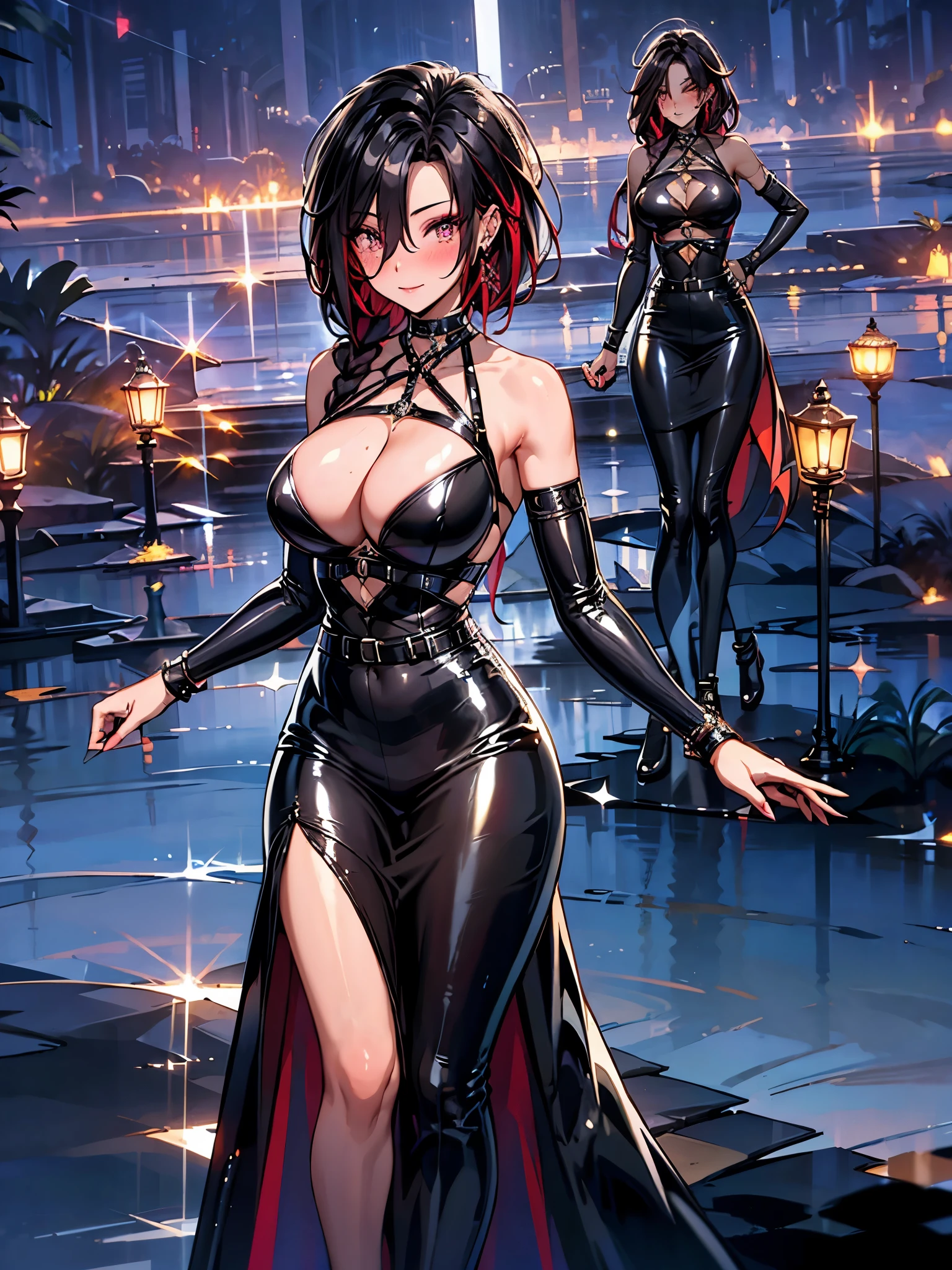 mature woman, 1 girl, alone, (masterpiece, best quality, very detailed), sharp focus, detailed face, face focus, focus on face, very detailed eyes, long black cyclamen hair, (cyclamen highlights: 1, 3), braid, side down braid, cyclamen red eyes, (sparkling eyes: 1.2), long eyelashes, (strong blush: 1.2), subtle makeup, ((red ball gown, long skirt, cleavage)), Crusader earrings, ear piercing, film lighting , edge lightning, shading, dynamic angle, sharp image, perfect quality, perfectly crafted background, beautiful warm lights, sexy, dancer, ballroom, castle, dancing in ballroom, Crystal chandelier,
