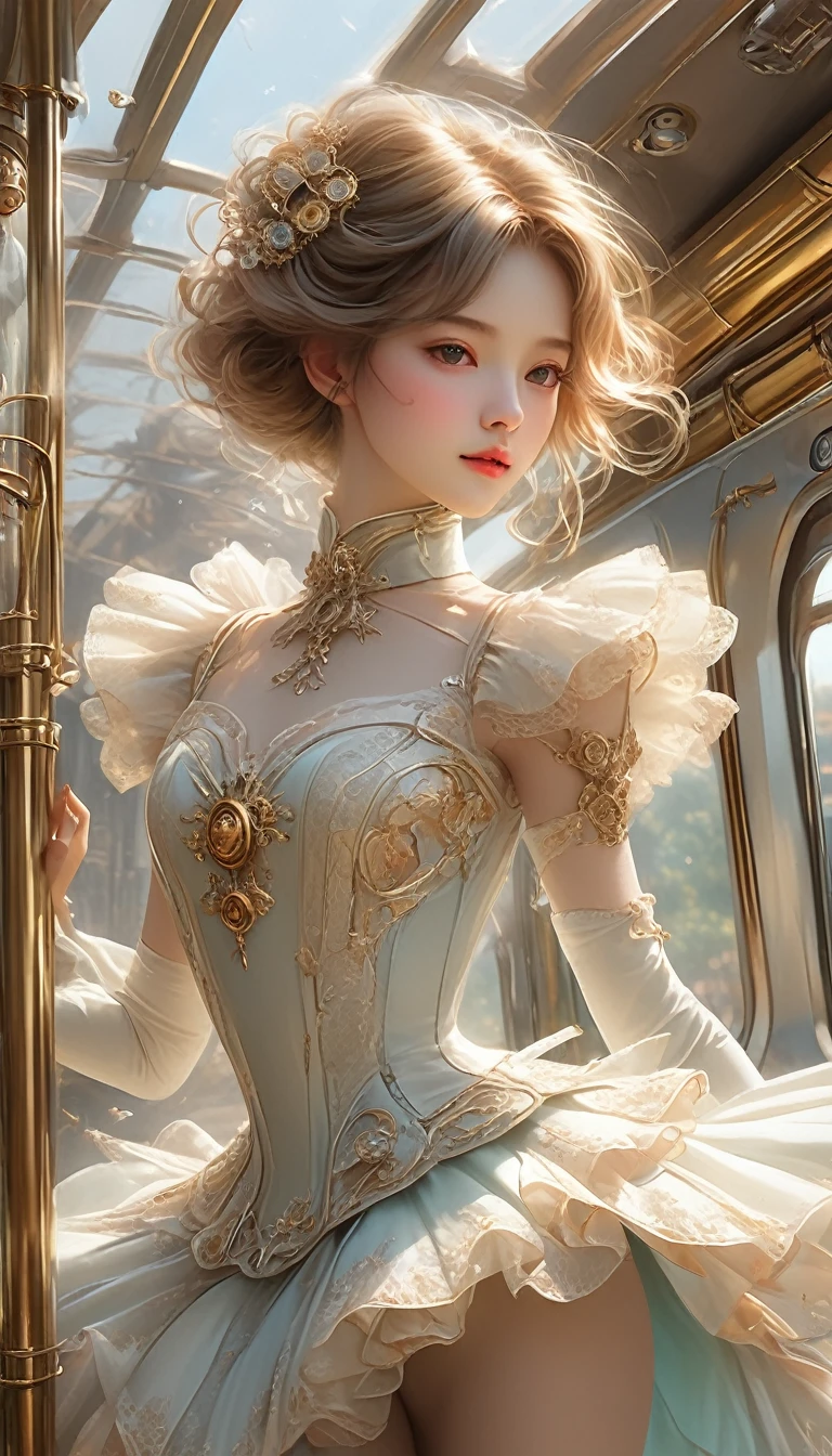 [detaileded illustrations, Art based on extremely ideal anatomy, Highly detailed and detailed drawings, Slow and delicate lines, Realistic texture expression],((color tress main line)),(Artworks of outstanding craftsmanship),(in train background),HENTAI ANIME Girl Japanese Beauty  Skinny (thin) short bob cut (( bangs cut straight)) (automaton) ((ballerina)),(swan) tutu dress (Transparent material) ((horn)),(Pearlescent),(Steampunk Alchemy),((Fine and beautiful skin expression (Transparency))),((Clear gaze)),((Perfect eyes detailed (Beautifully drawn eyes in every detail))),(beautiful perfect face (Realistic Face detaileds)),((Beautiful hair detailed)),(perfectly balanced proportions)),(Design built to a high standard,(((Advanced structural understanding of materials)),ideal color coordination),((artistic decoration)) ((meticulous detail)),(detailed,High resolution)),[(Ultra-precise details),((multilayer texture)),high quality,High resolution] (Accurate simulation of interactions between light and materials, Understanding air flow, Mechanically correct representation)),((Visual art that tells a story)).