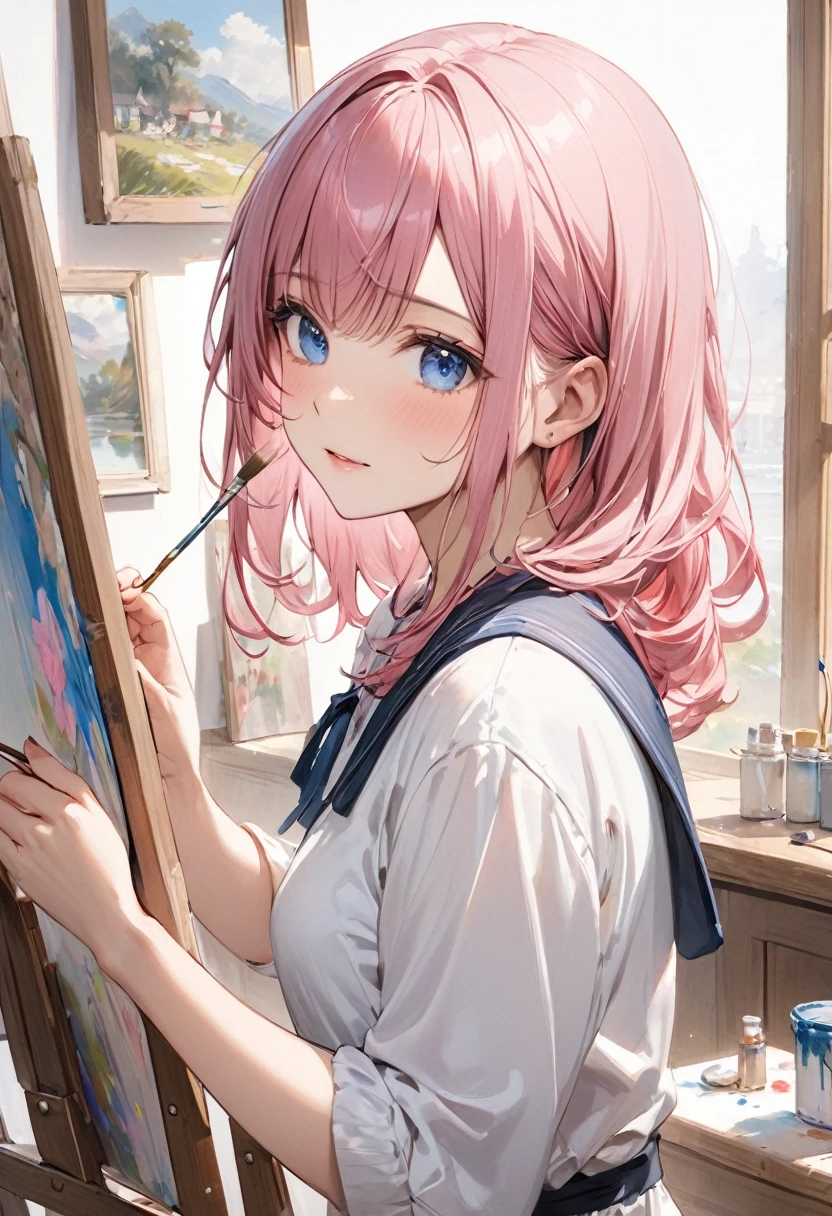 Painter、Painting、masterpiece、Girl with pink hair、blue eyes、Twin Drill