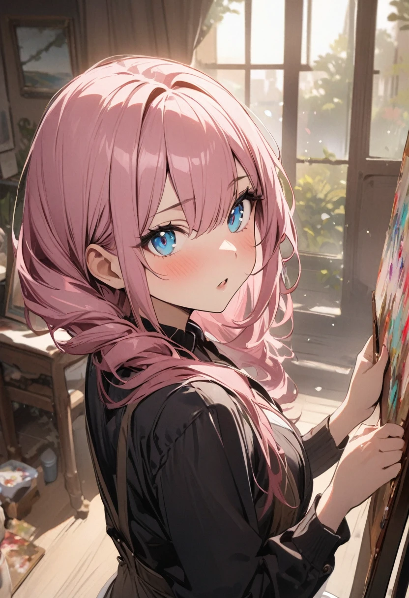 Painter、Painting、masterpiece、Girl with pink hair、blue eyes、Twin Drill