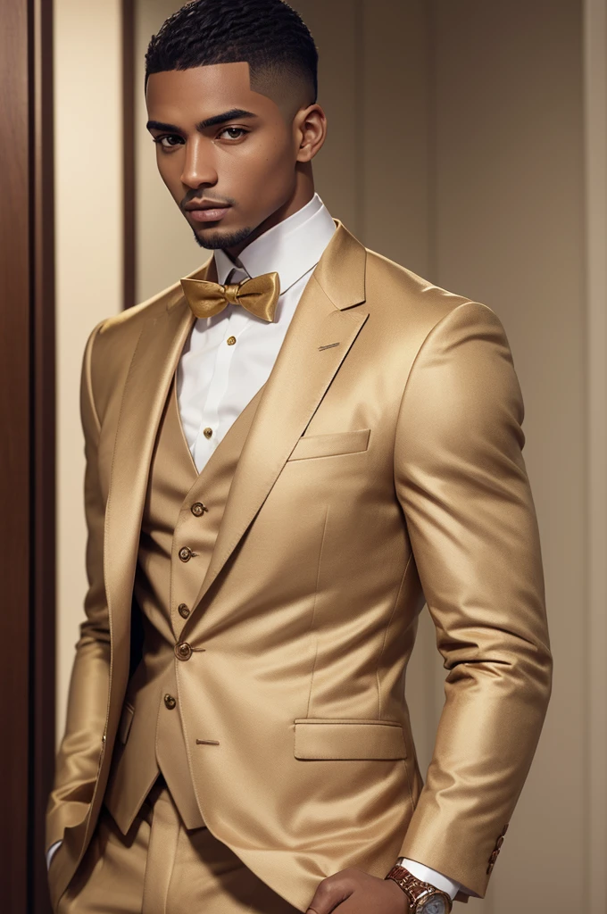 Make a man with brown skin tone look elegant with a fade haircut with a gold watch and lanyard suit