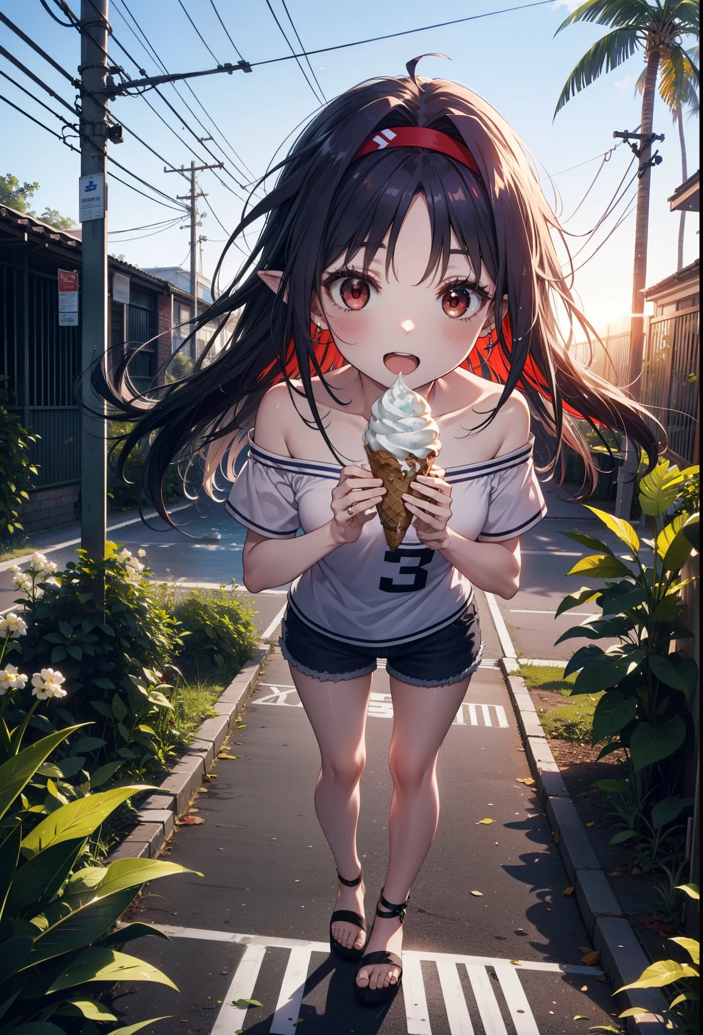 yuukikonno, Yuuki Konno, , Long Hair, Pointed Ears, Purple Hair, (Red eyes:1.5), (Small breasts:1.2), Baseball hats,Oversized one-shoulder shirt,Short sleeve,Shorts,Heeled Sandals,Walking,Daytime,Clear skies,Holding and eating ice cream with both hands,happy smile,smile, Open your mouth,whole bodyがイラストに入るように,Palm tree,
break looking at viewer, whole body,
break outdoors, tropical,In town,
break (masterpiece:1.2), Highest quality, High resolution, unity 8k wallpaper, (figure:0.8), (Beautiful attention to detail:1.6), Highly detailed face, Perfect lighting, Highly detailed CG, (Perfect hands, Perfect Anatomy),