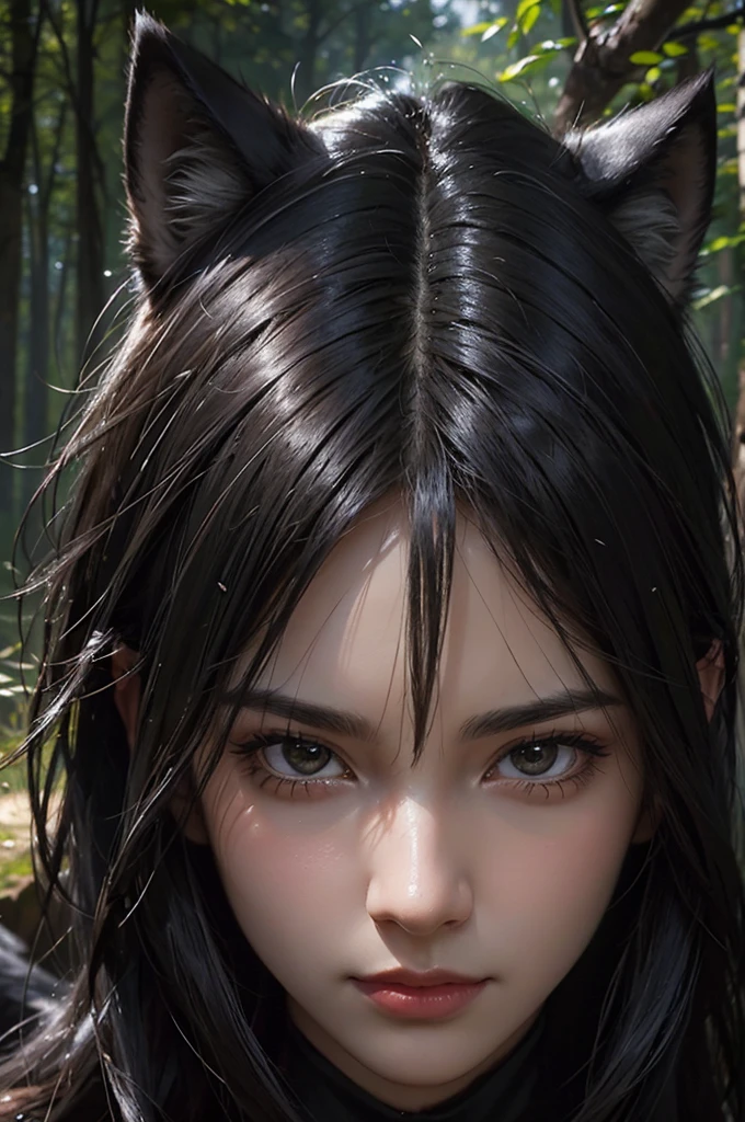 wolf, animal, black hair, shord hair, path, wilderness, masterpiece, light, expert, insanely detailed, 4k resolution, sharp, closeup portrait
splash art, digital art, concept art, john william waterhouse, vibrant, cheerful