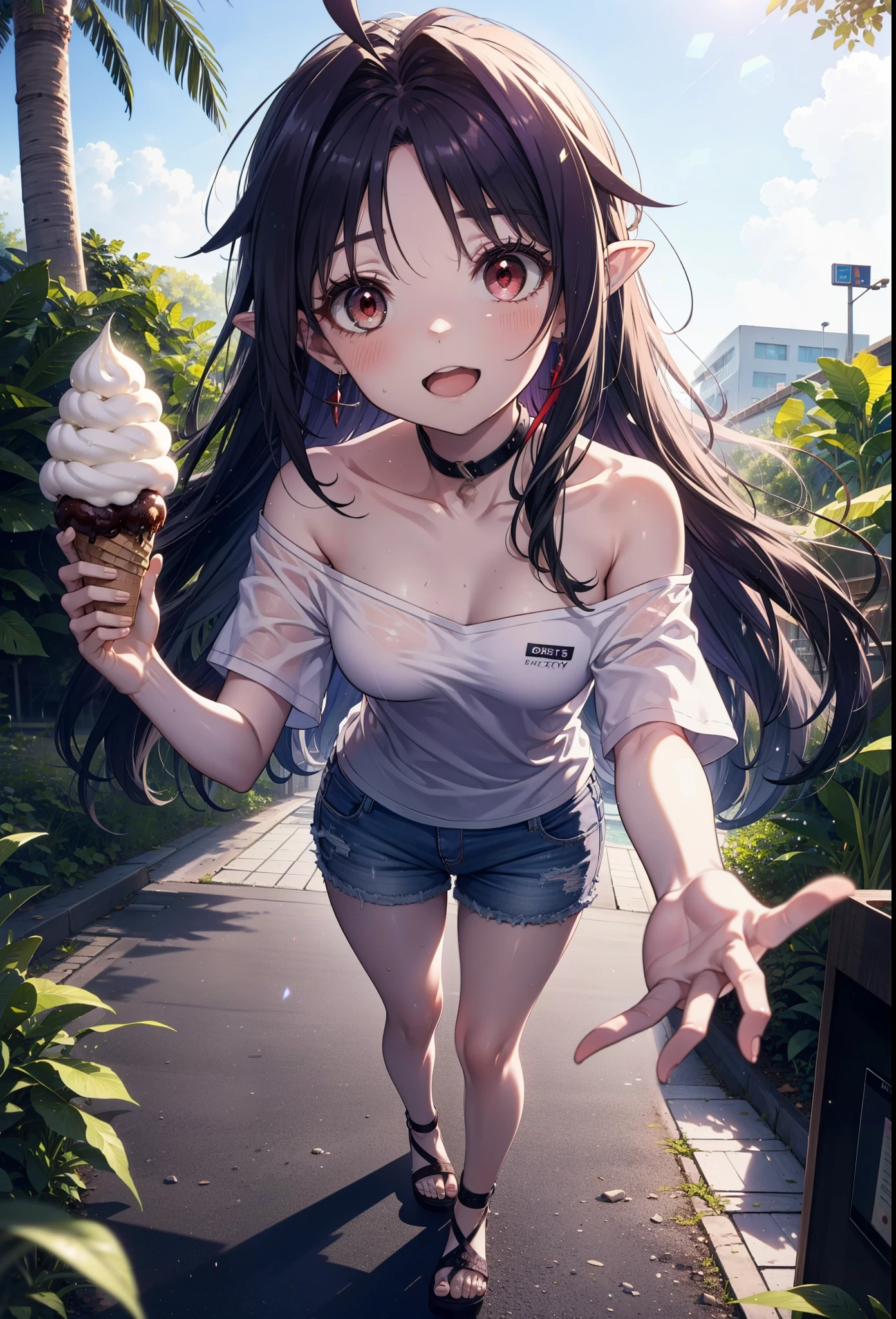 yuukikonno, Yuuki Konno, , Long Hair, Pointed Ears, Purple Hair, (Red eyes:1.5), (Small breasts:1.2), Baseball hats,Oversized one-shoulder shirt,Short sleeve,Shorts,Heeled Sandals,Walking,Daytime,Clear skies,Holding and eating ice cream with both hands,happy smile,smile, Open your mouth,whole bodyがイラストに入るように,Palm tree,
break looking at viewer, whole body,
break outdoors, tropical,In town,
break (masterpiece:1.2), Highest quality, High resolution, unity 8k wallpaper, (figure:0.8), (Beautiful attention to detail:1.6), Highly detailed face, Perfect lighting, Highly detailed CG, (Perfect hands, Perfect ???????),
