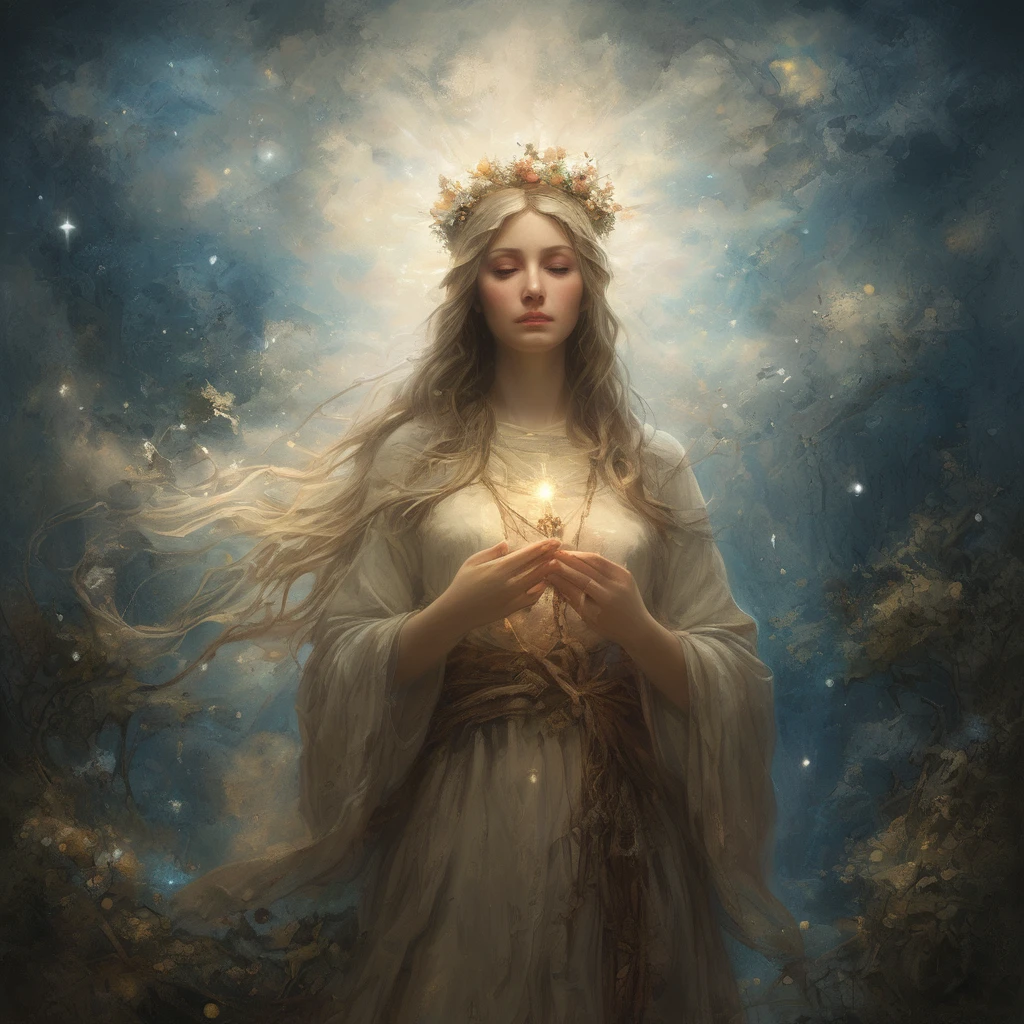 (((Blessed Virgin Mary of Mount Carmel))) light, in style similar to that of the artist WILLIAM ADOLPHE BOUGUEREAU, masterpiece, (The best quality: 1.2), (super fine: 1.2), illustration, (extremely delicate and beautiful : 1.2), movie angle, floating, (Beautiful eye of detail: 1.1), (light detail: 1.1), Movie Lights, delicate sky, blue eyes, (High ponytail: 1.1), layer, Ojuelos, starry sky, (light particles: 1.1) drawing, flower. (masterpiece), (The best quality), (photorealistic:1.3), 8k, Detailed skin texture, Detailed fabric texture, Beautiful detailed face, intricate details, full body