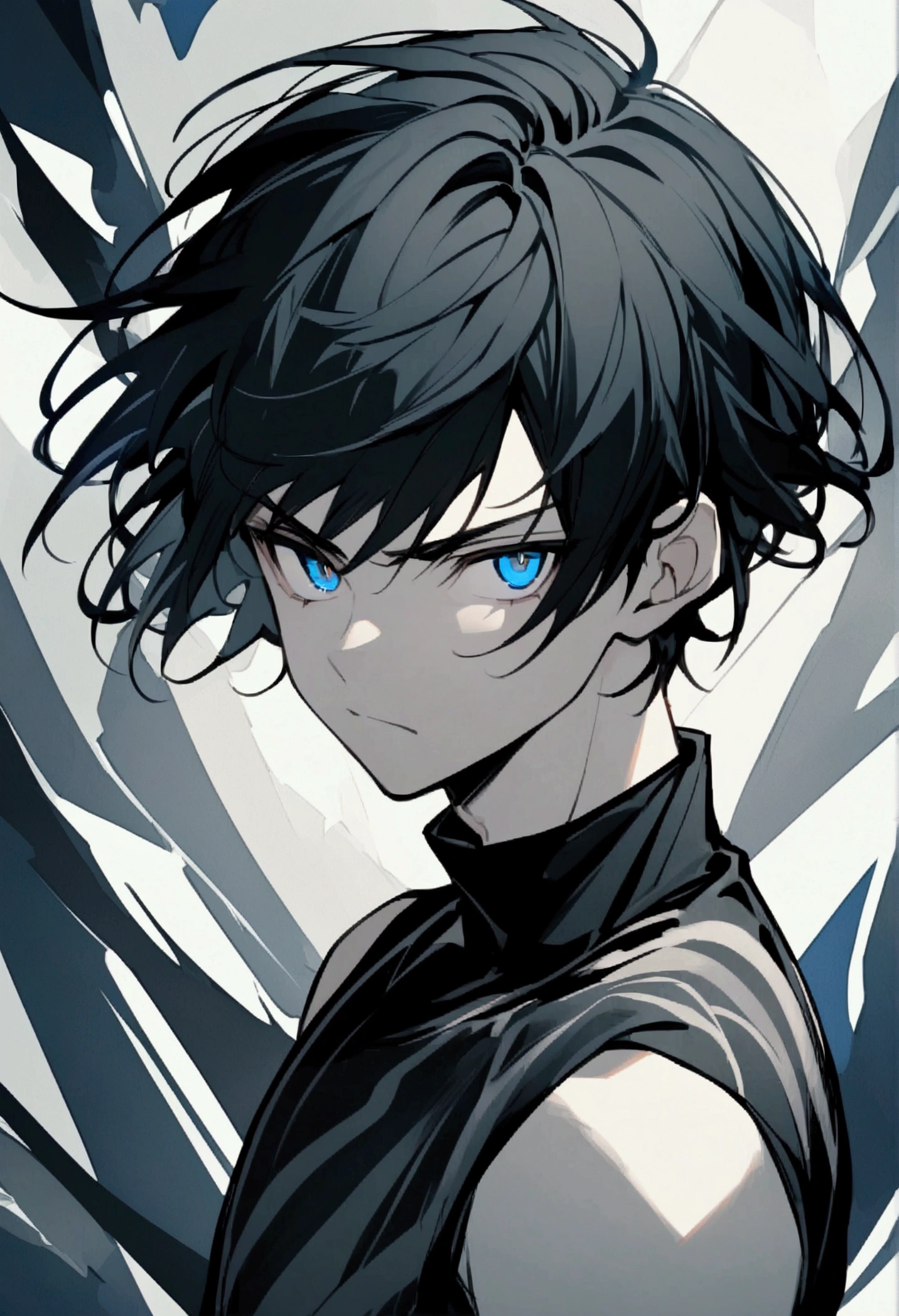 A young man with black hair, electric blue eyes, striking eyes, fair skin, serious expression. He is wearing a black sleeveless shirt. The background is abstract, with warm and gray tones.