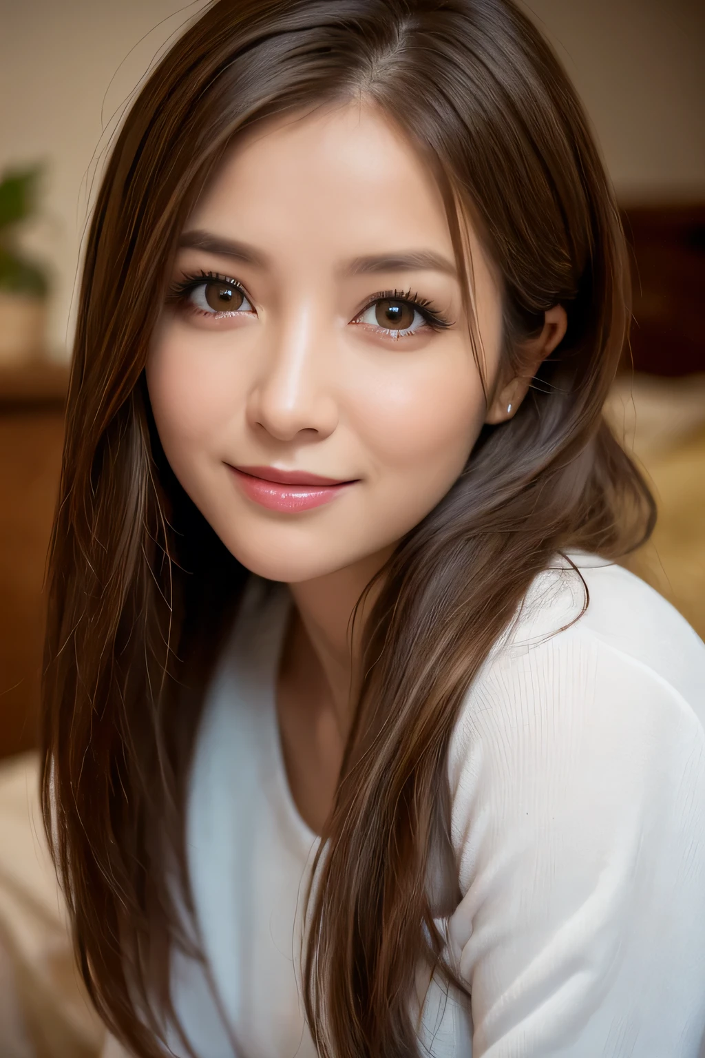 Age 35, (Mature Woman:1.2), Captivating Gaze, Brown eyes, (8k, High resolution,super high quality, Ultra HD,Ultra-realistic,Highest quality), Close-up photo with focus on face, Eyes visible through hair, Proper eye position, Cinematic Light, Soft Light, at night, detailed color graded background, Highly detailed eyes, 8k, Overall silhouette, bedroom, Looking down, smile,
