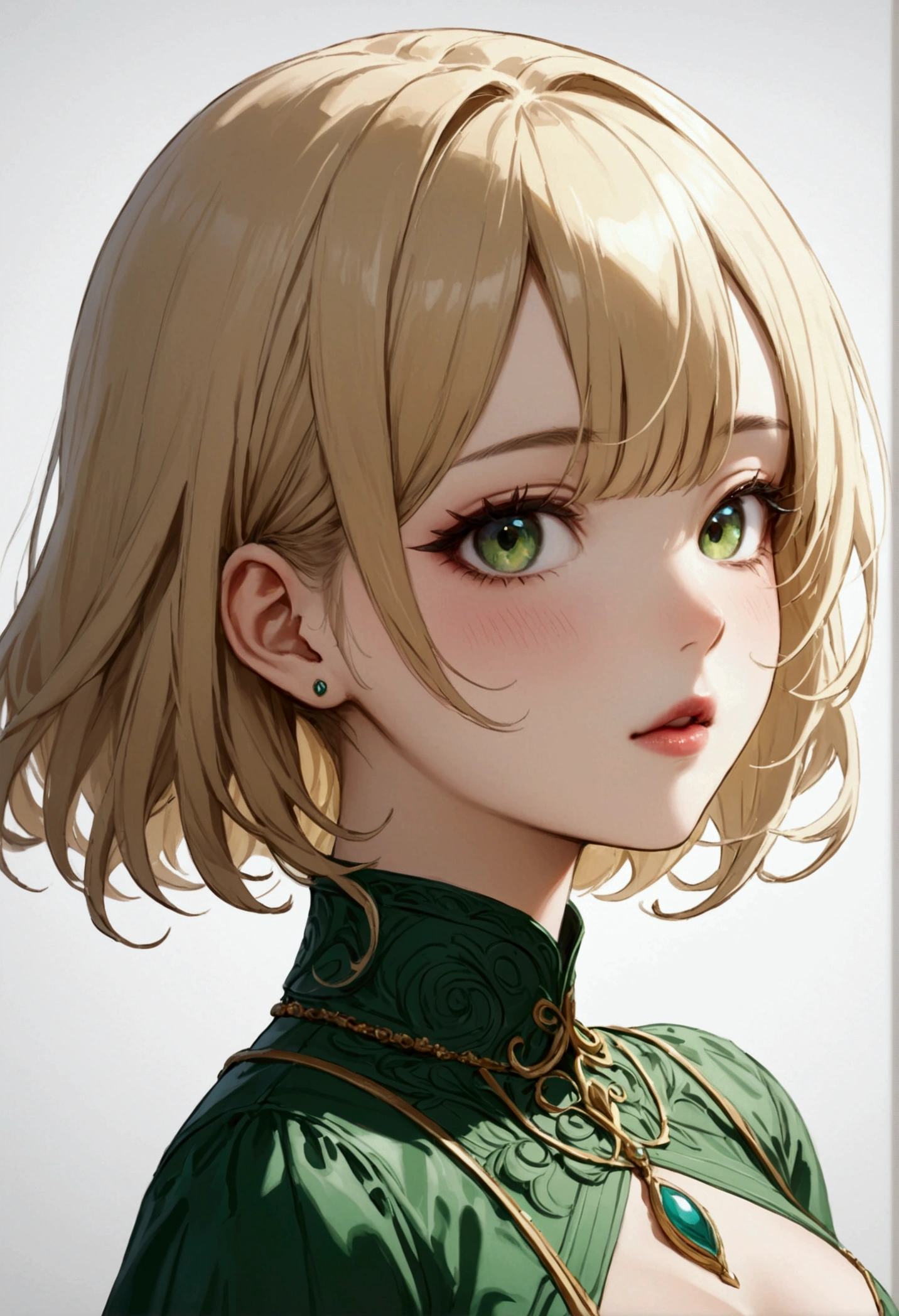 びっくり!アニメ、Korean、1 girl、blonde、amount、Green Leather Shirt、Stand up your collar、Face Up、best quality, (masterpiece), best quality, 1girl, (solo:1.1), lens 135mm f1.8, highly detailed, intricate, (sketch:0.8), (white background:1.1),