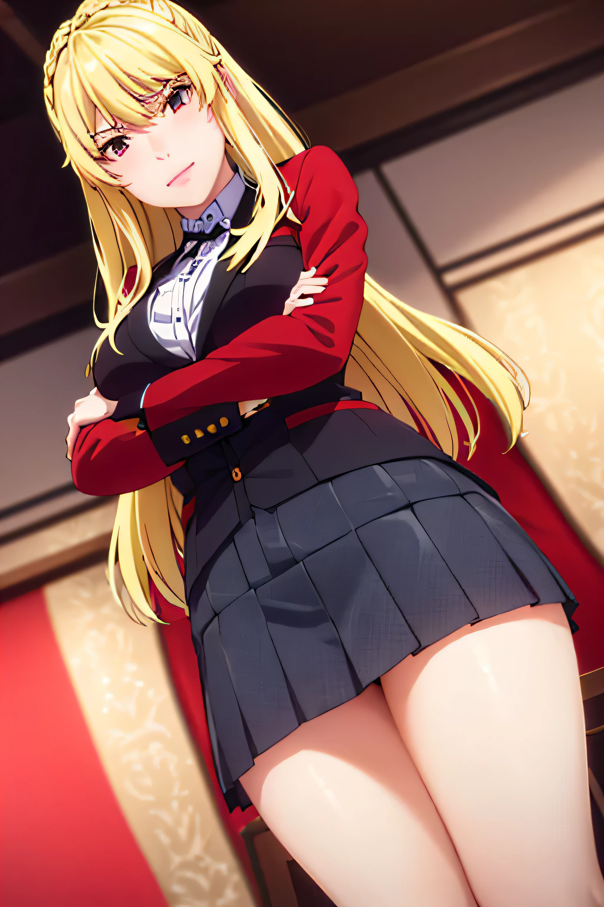 (very detailed background:1.0), (highly detailed background:1.0), (work of art), high qualiy, (1 girl, standing alone), hair blonde, yellow  eyes, braids, Black ribbon in hair, looking ahead at viewer, seducing smile, blush, looking ahead at viewer, view from the front, cowboy shot, breasts big, Red jacket with black collar, white  shirt, buttoned jacket, grey pleated skirt, Lie down with your hips turned, just two pes、legs in M shape、Woman opening her legs, (using rubber band)、Masterpiece artwork, 5 fingers, (((good hands))), 5 fingers em cada mão, crossed arms