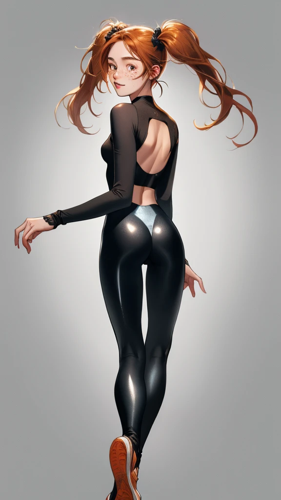 View from behind, masterpiece, fullbody，on tiptoes, floating in the air, best quality, ridiculous, high resolution, 4k, ray tracing, intricate details, very detailed, looking back, (1girl: perfect face, cute, small breasts , long ginger hair, , twin tails, freckles, shiny leggings)