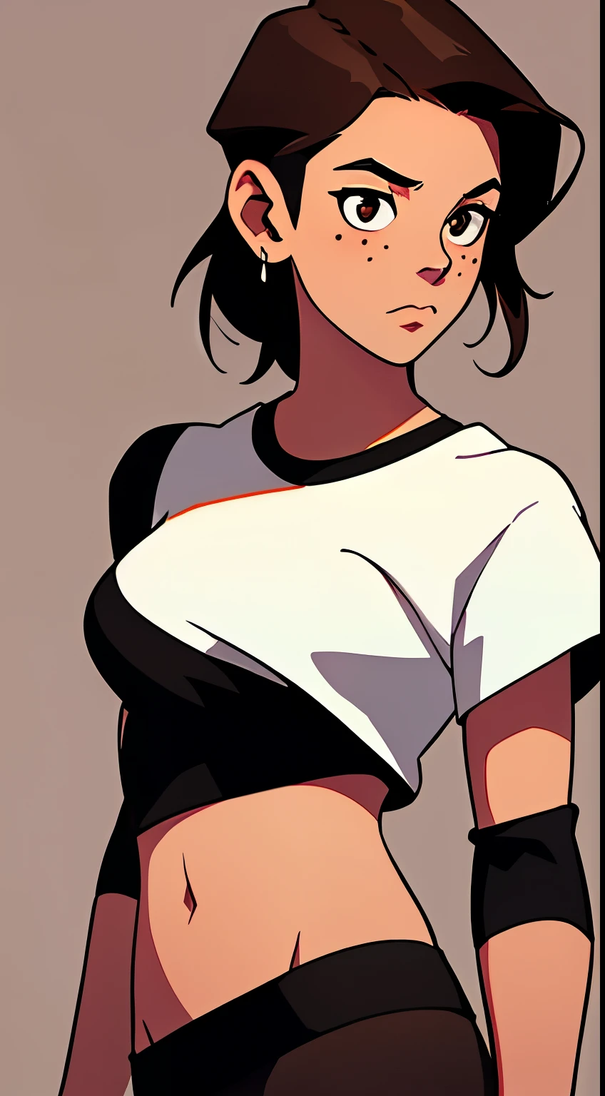 masterpiece, best quality, waist up,1girl,the highest image quality, 31-year-old mature woman, looks like rachel bilson, short brown hair, brown eyes, freckles, wearing a goth tshirt, black leggings, White background, empty background, waist up , standing normally, RachelBilson