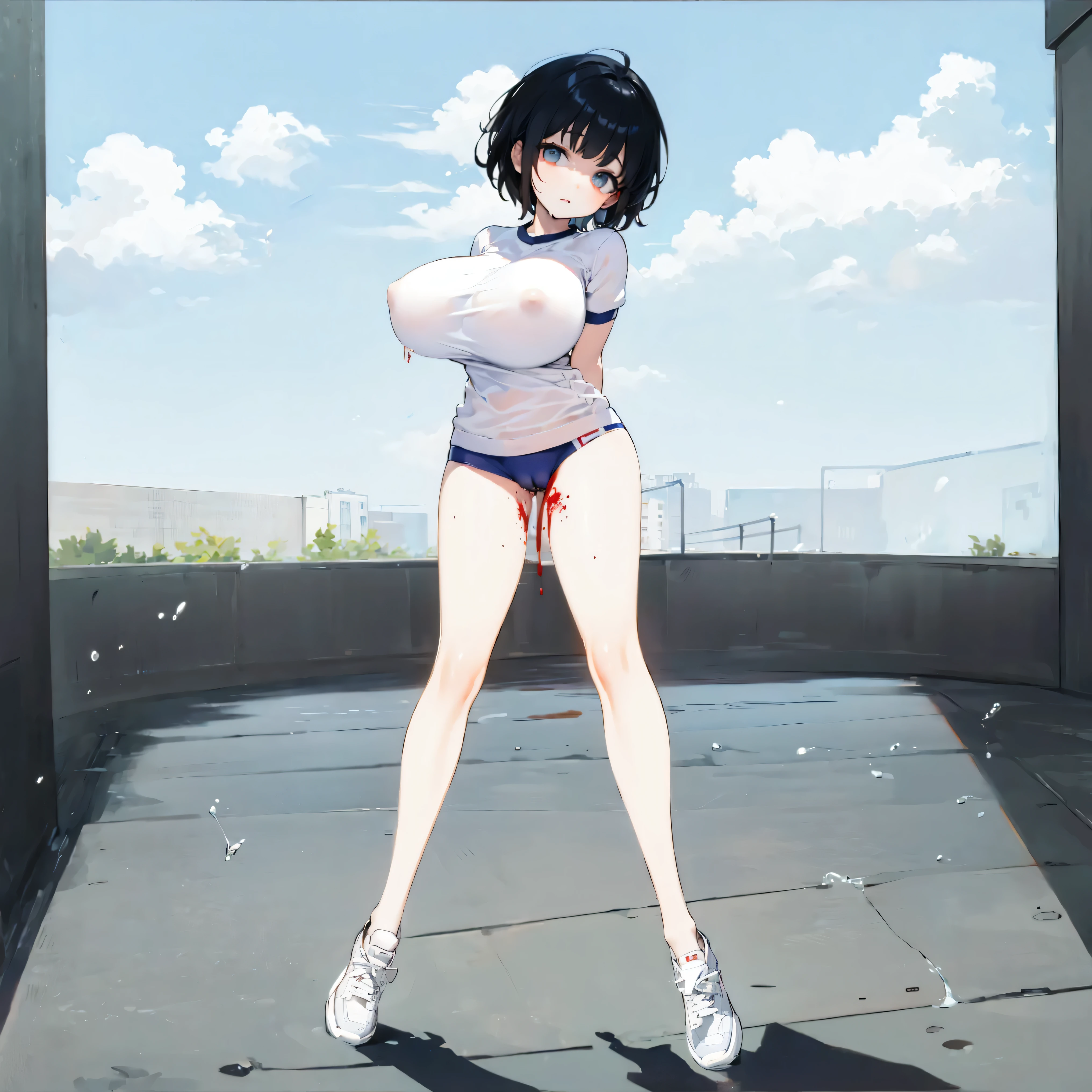 (solo), skinny girl standing in primary school, arms behind back, pigeon toed, tiptoe, (very short tight brm), (thigh gap:1.2), (gym uniform), (swaying back), (show off cameltoe for viewer:1.2), (bursting huge breasts:1.2), (disproportionately huge breasts), BREAK, long (skinny legs), BREAK, school buildings in background, BREAK, nsfw, orgasm, expressionless, coverd erectile nipples, (coverd huge clitoris:1.2), (brm digging deep into cameltoe), (blood dripping down between thighs from cameltoe:1.5)