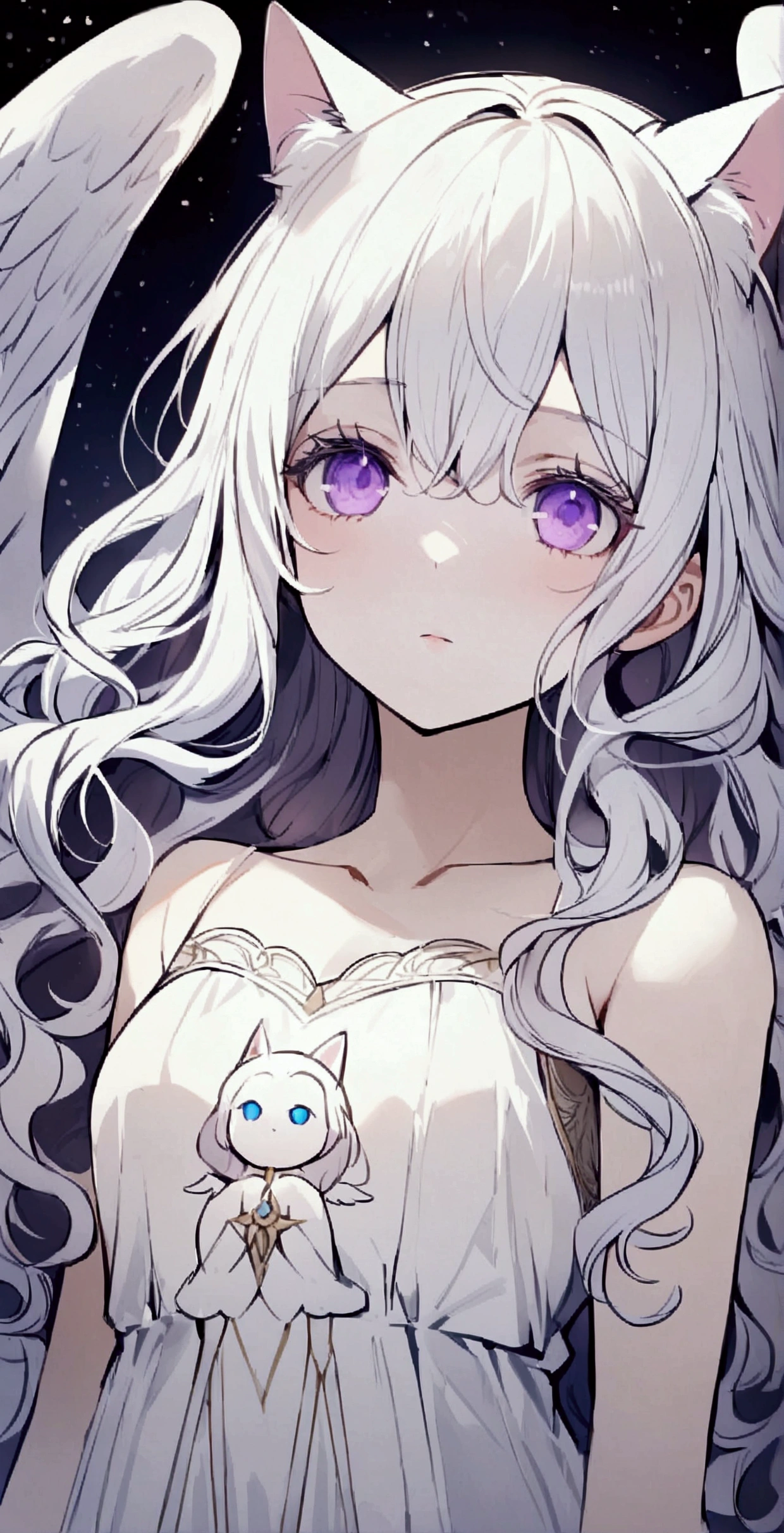 Face is close,look up,Long Wavy Hair,White hair is very attractive, Detailed and precise manual work, Attractive girl, White cat ears,Purple eyes and white eyelashes,light in your eyes,Big angel wings,A subject that stands out against the dark night sky, White Dress, Hand-drawn illustration