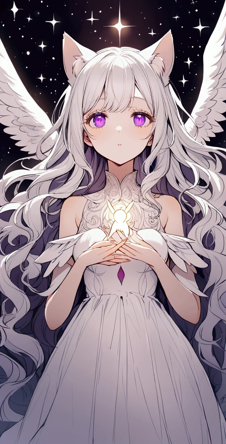 Face is close,look up,Long Wavy Hair,White hair is very attractive, Detailed and precise manual work, Attractive girl, White cat ears,Purple eyes and white eyelashes,light in your eyes,Big angel wings,A subject that stands out against the dark night sky, White Dress, Hand-drawn illustration