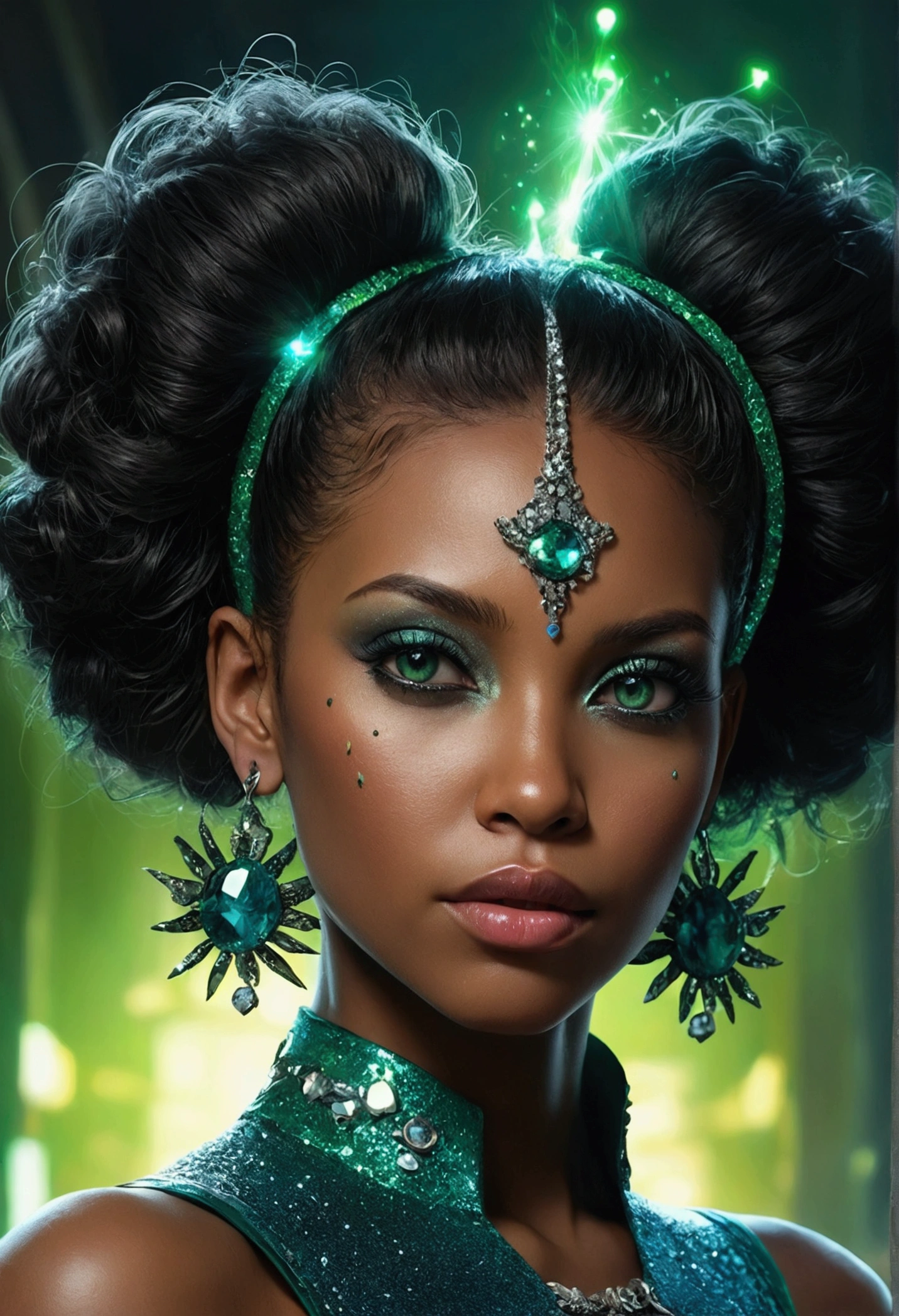 atmosfera oleosa sombria 4D style rat Mai sexy picture of a grown-up magical girl sexy cute mature face hair afro blue + green with some puled up into a false ponytail girl is sexy dark Black theme with glitter and sparkles big black crystal eye creating a glamorous and aesthetic effect. sharp focus emitting diodes smoke artillery sparks racks system unit motherboard by pascal blanche rutkowski repin artstation hyperrealism painting concept art of detailed