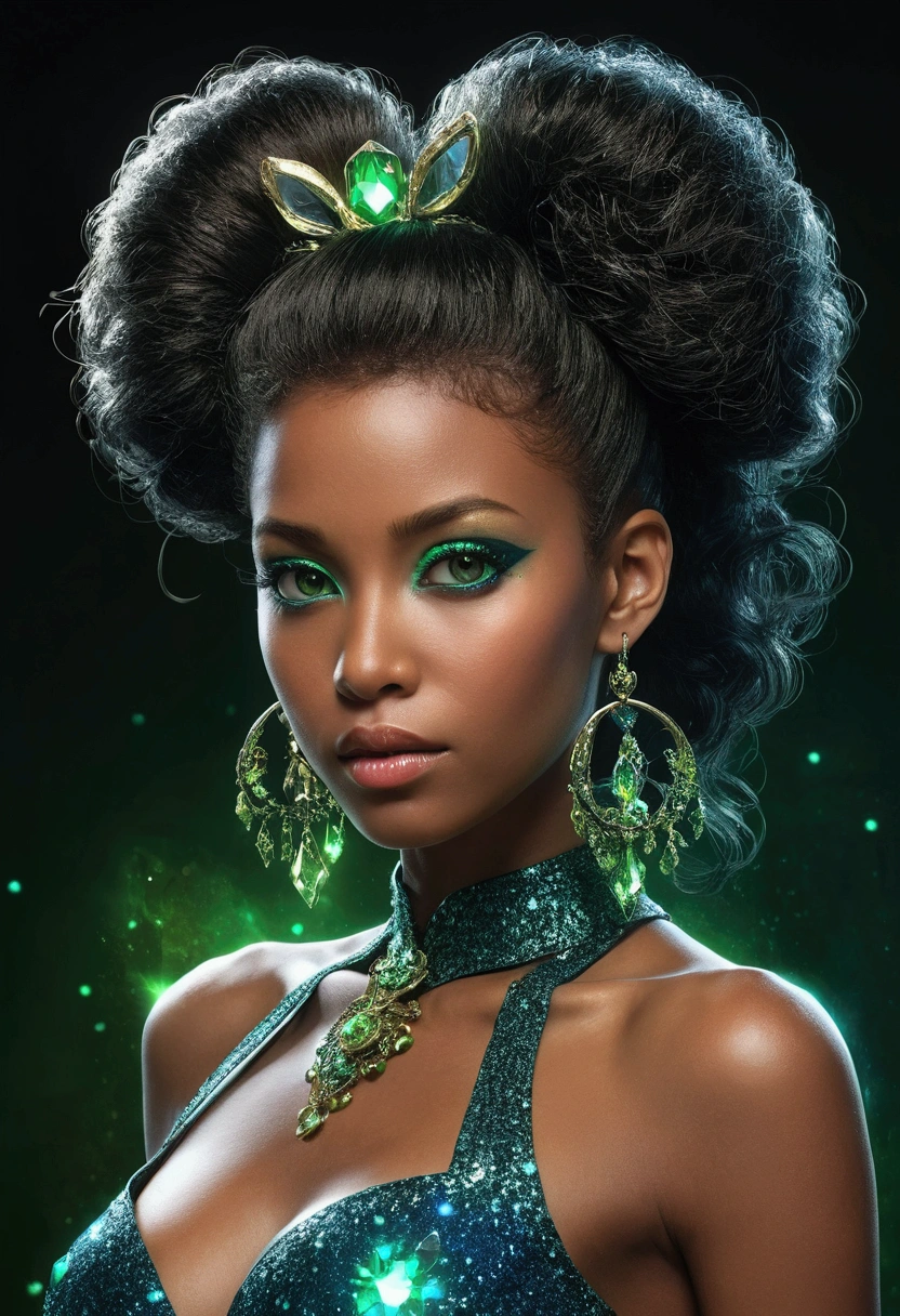 atmosfera oleosa sombria 4D style rat Mai sexy picture of a grown-up magical girl sexy cute mature face hair afro blue + green with some puled up into a false ponytail girl is sexy dark Black theme with glitter and sparkles big black crystal eye creating a glamorous and aesthetic effect. sharp focus emitting diodes smoke artillery sparks racks system unit motherboard by pascal blanche rutkowski repin artstation hyperrealism painting concept art of detailed