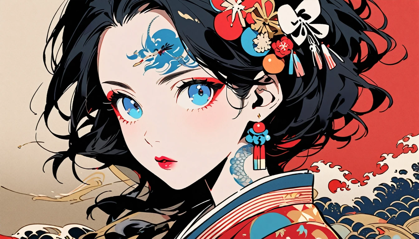 (((Ink Painting))), Fashion portrait color photos, (((1 girl))), (((Tattoo in the center of the forehead))), (((Very flashy hair accessories))), (((Very flashy makeup))), Japanese style headphones, face close-up, Japan人の美少女, Black Hair, Delicate and precise, Modern ukiyo-e style,Japan, Japanese flag, Eye color: red and blue