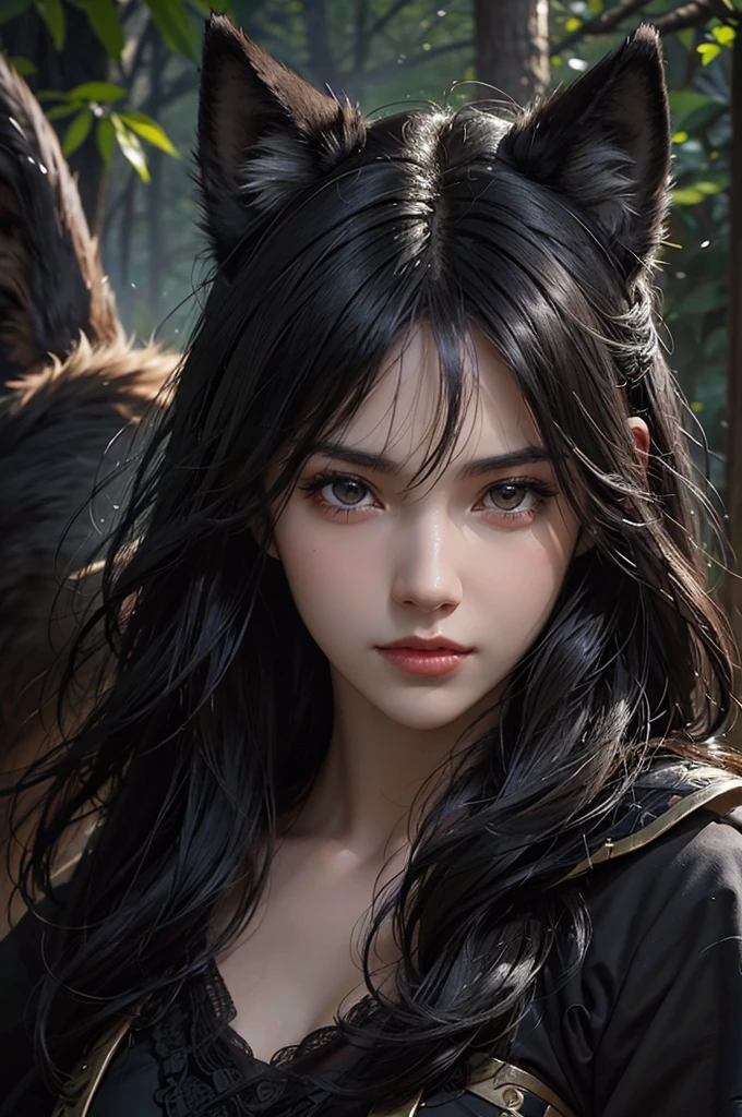 wolf, animal, black hair, shord hair, path, wilderness, masterpiece, light, expert, insanely detailed, 4k resolution, sharp, closeup portrait
splash art, digital art, concept art, john william waterhouse, vibrant, cheerful