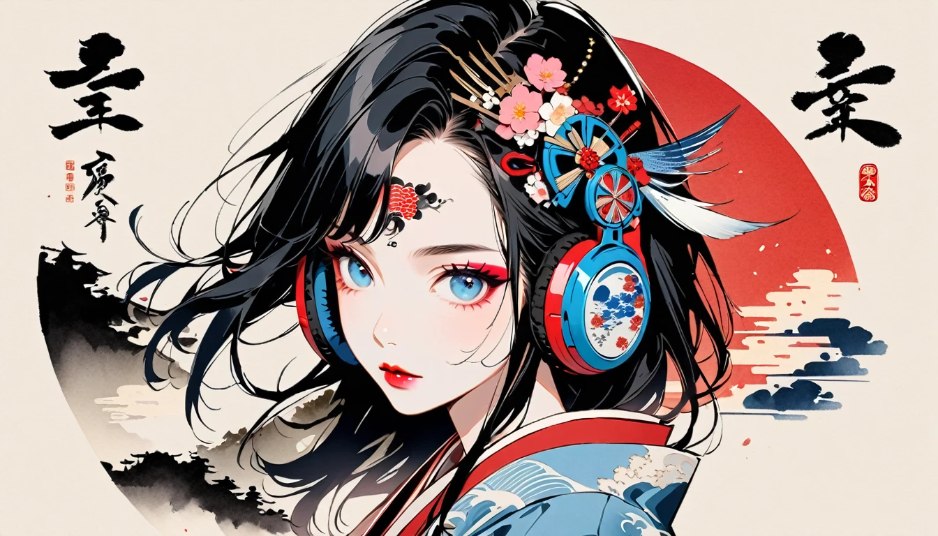 (((Ink Painting))), Fashion portrait color photos, (((1 girl))), (((Tattoo in the center of the forehead))), (((Very flashy hair accessories))), (((Very flashy makeup))), Japanese style headphones, Japan人の美女, Black Hair, Delicate and precise, Modern ukiyo-e style,Japan, Japanese flag, Eye color: red and blue
